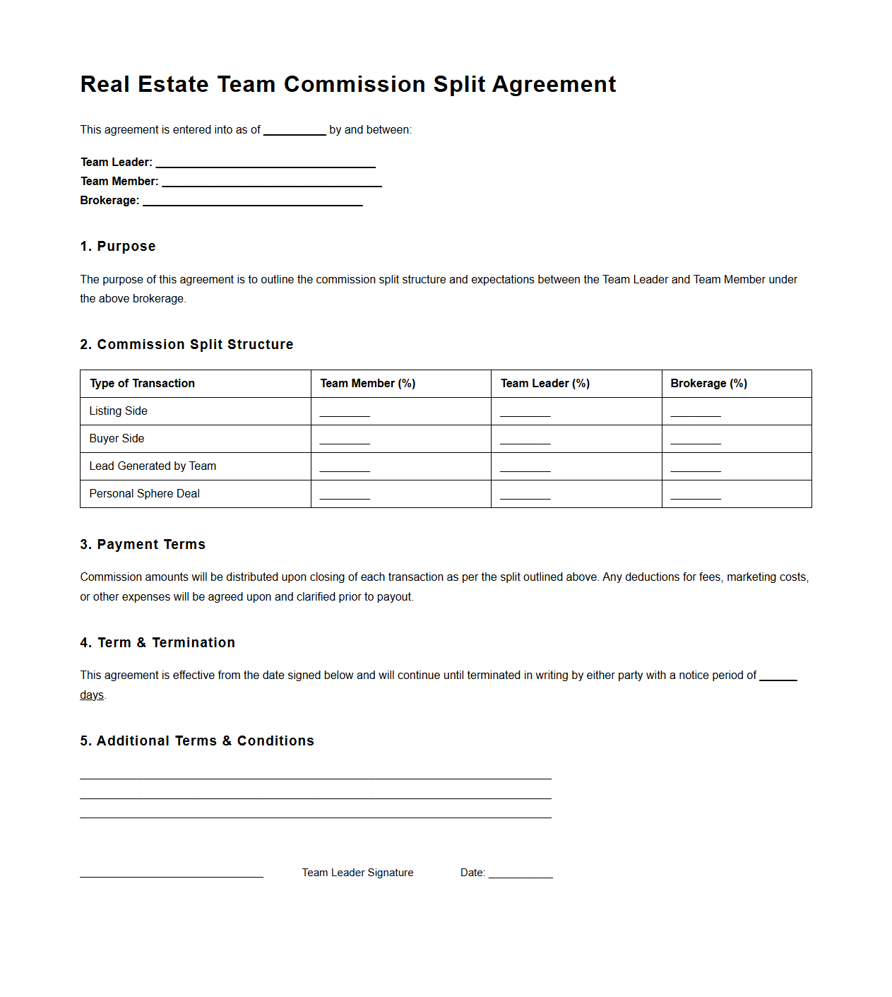 Real Estate Team Commission Split Agreement Format