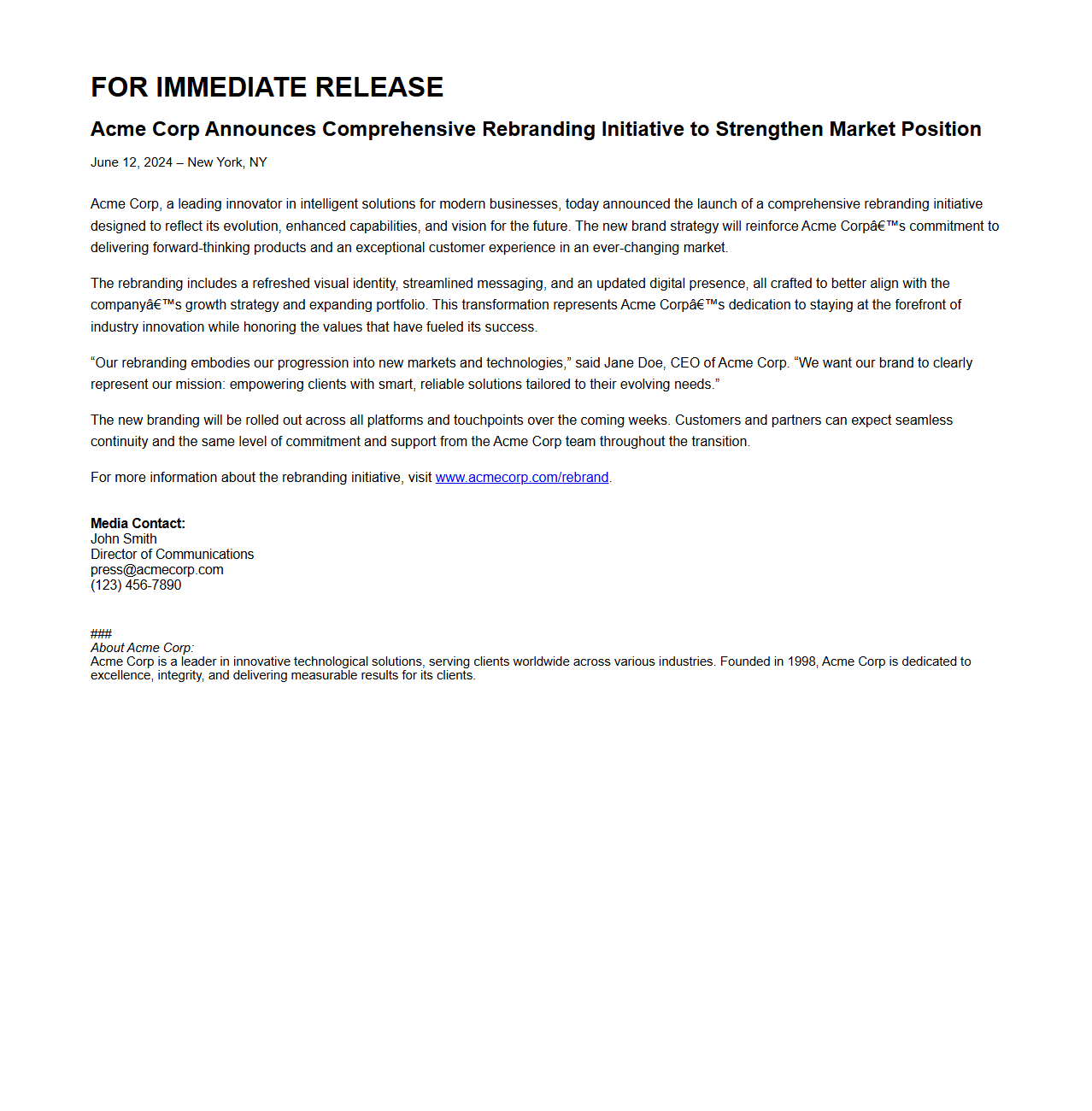 Rebranding Initiative Press Release Example for Market Positioning