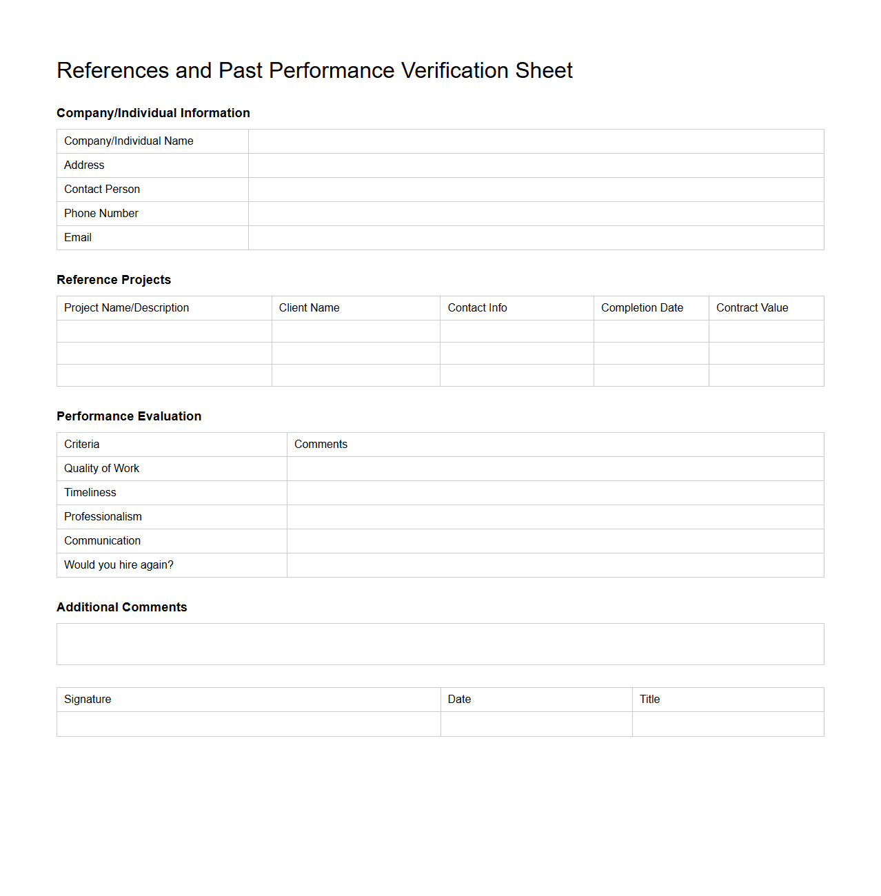 References and Past Performance Verification Sheet
