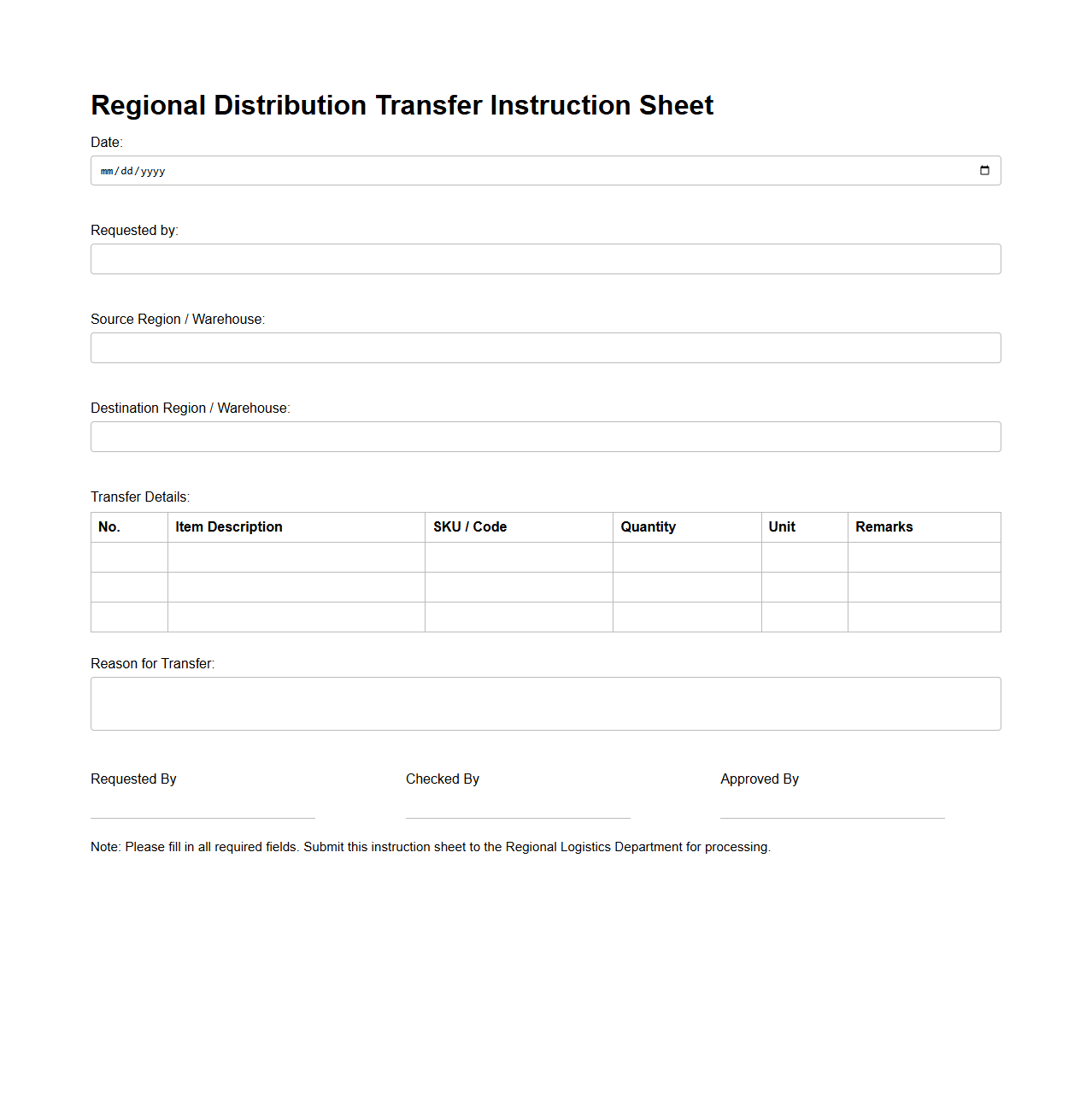 Regional Distribution Transfer Instruction Sheet