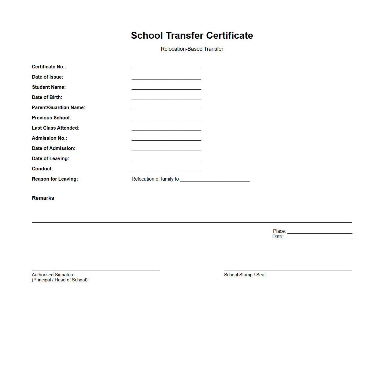 Relocation-Based School Transfer Certificate Sample