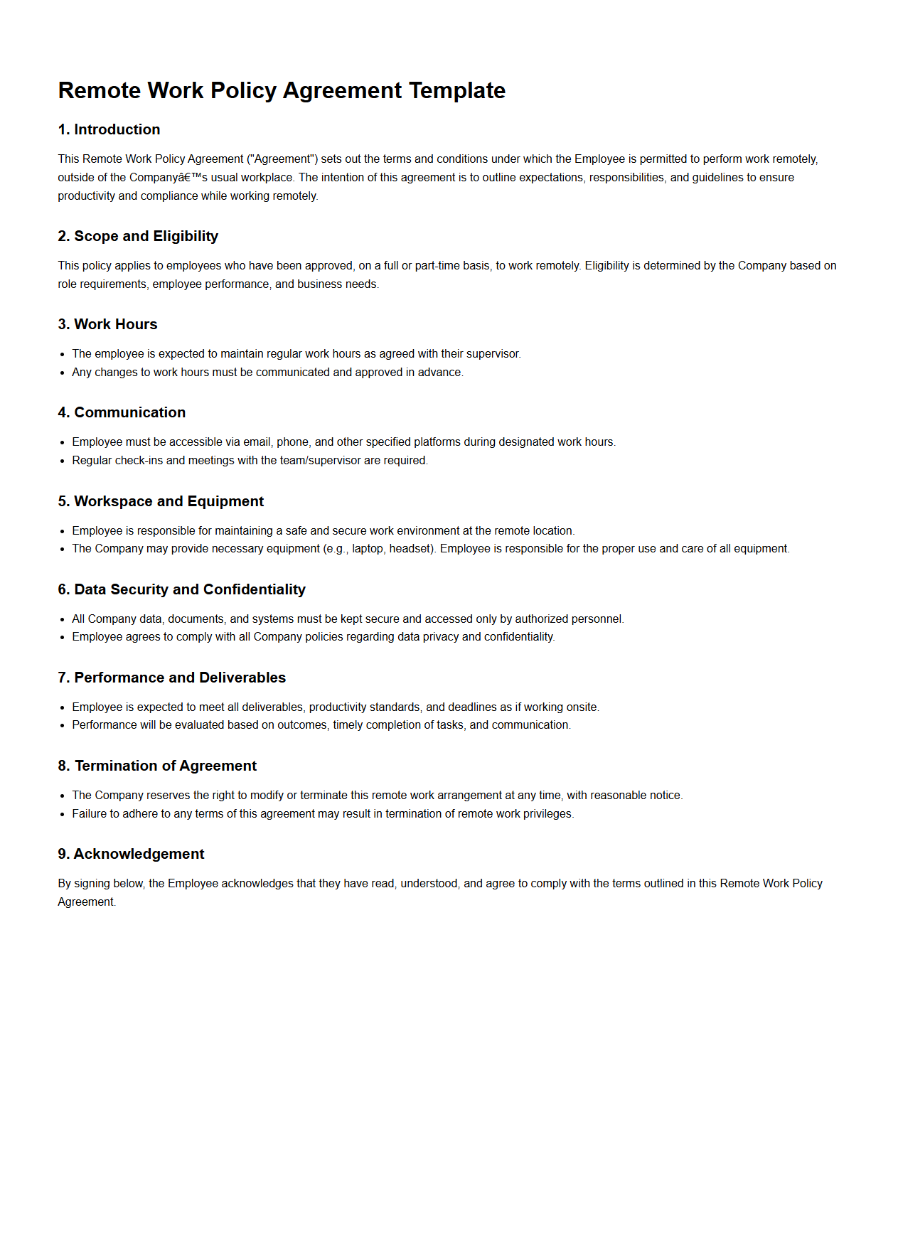 Remote Work Policy Agreement Template