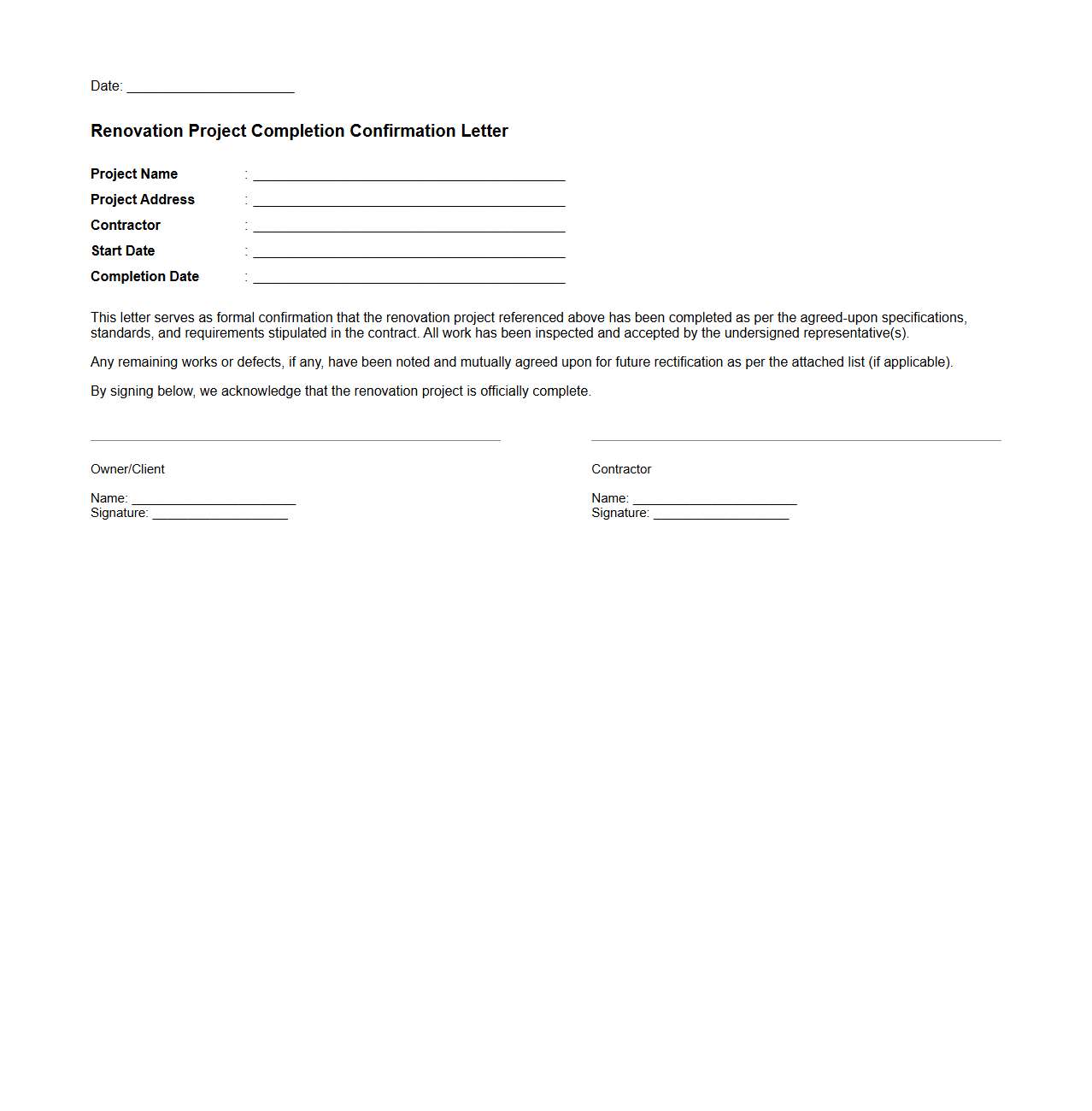 Renovation Project Completion Confirmation Letter