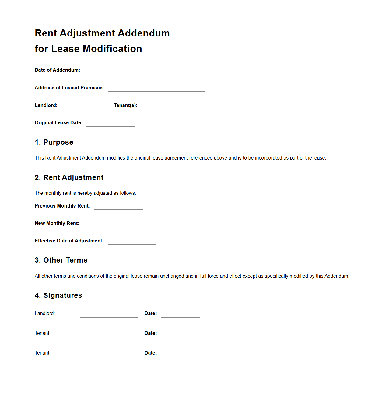 Rent Adjustment Addendum for Lease Modification