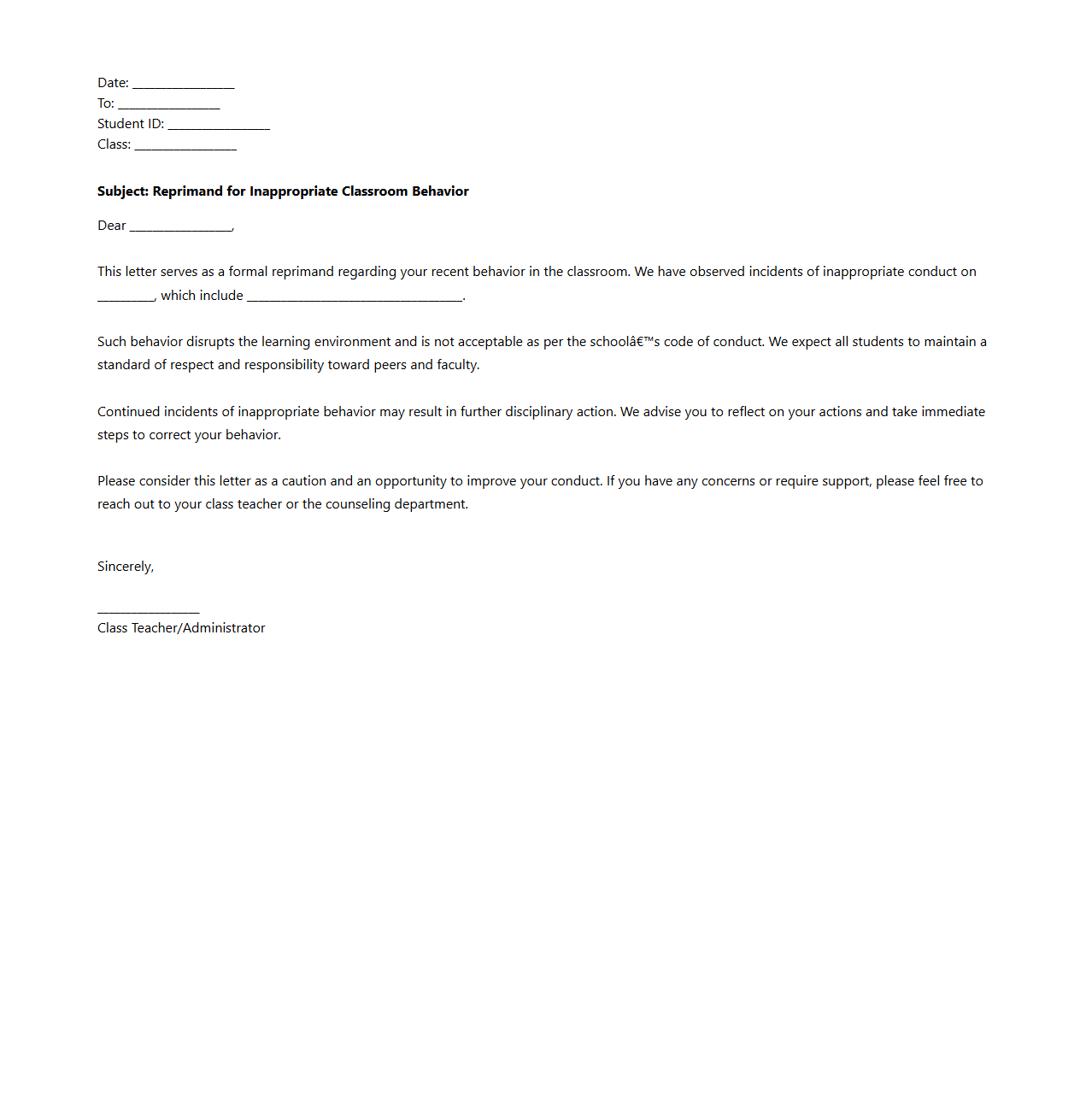 Reprimand Letter for Inappropriate Classroom Behavior