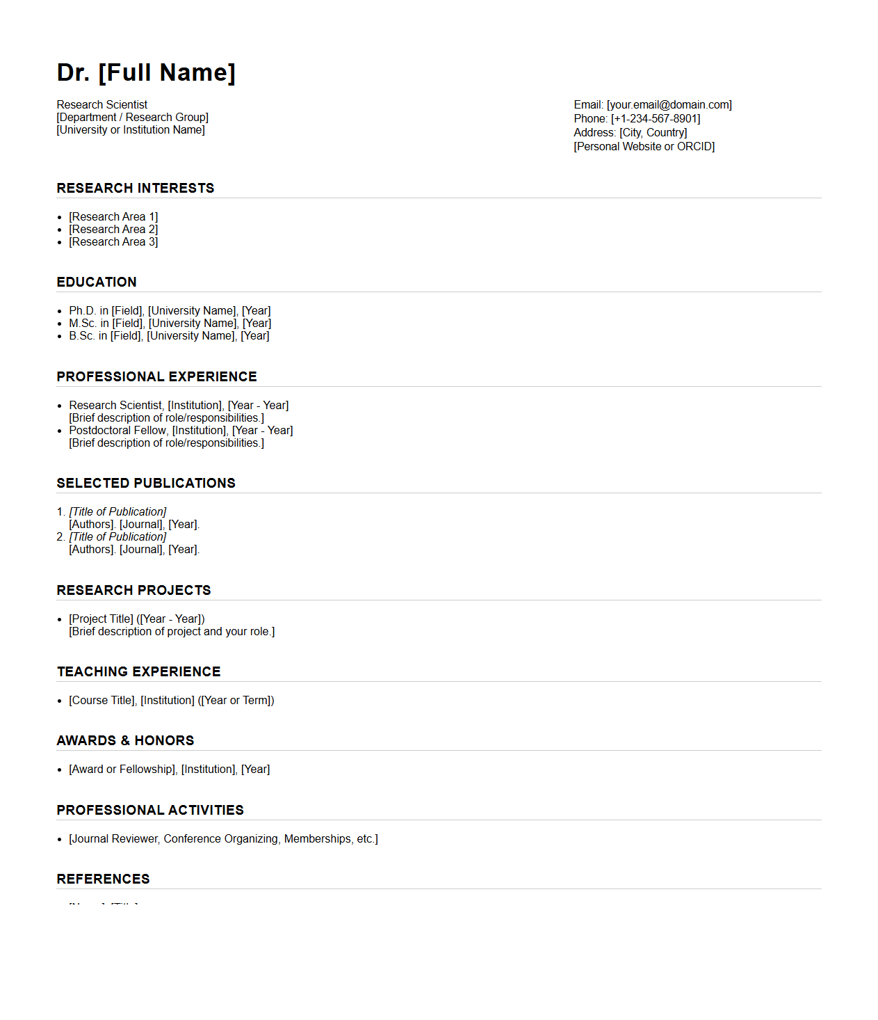 Research Scientist Academic CV Structure