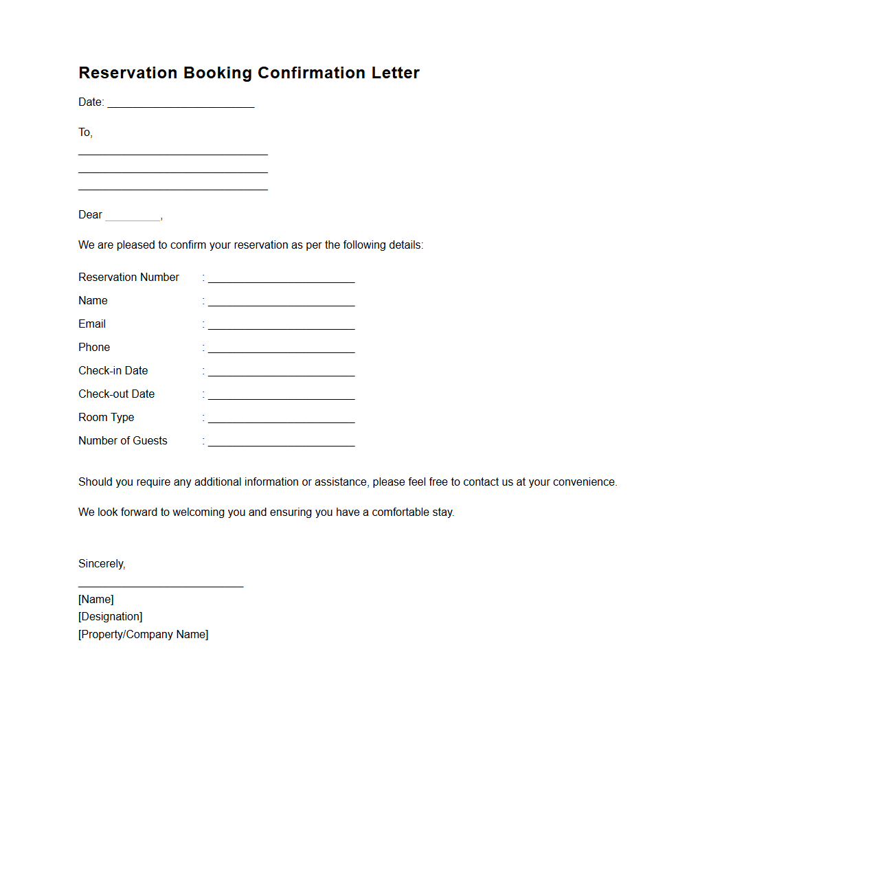Reservation Booking Confirmation Letter