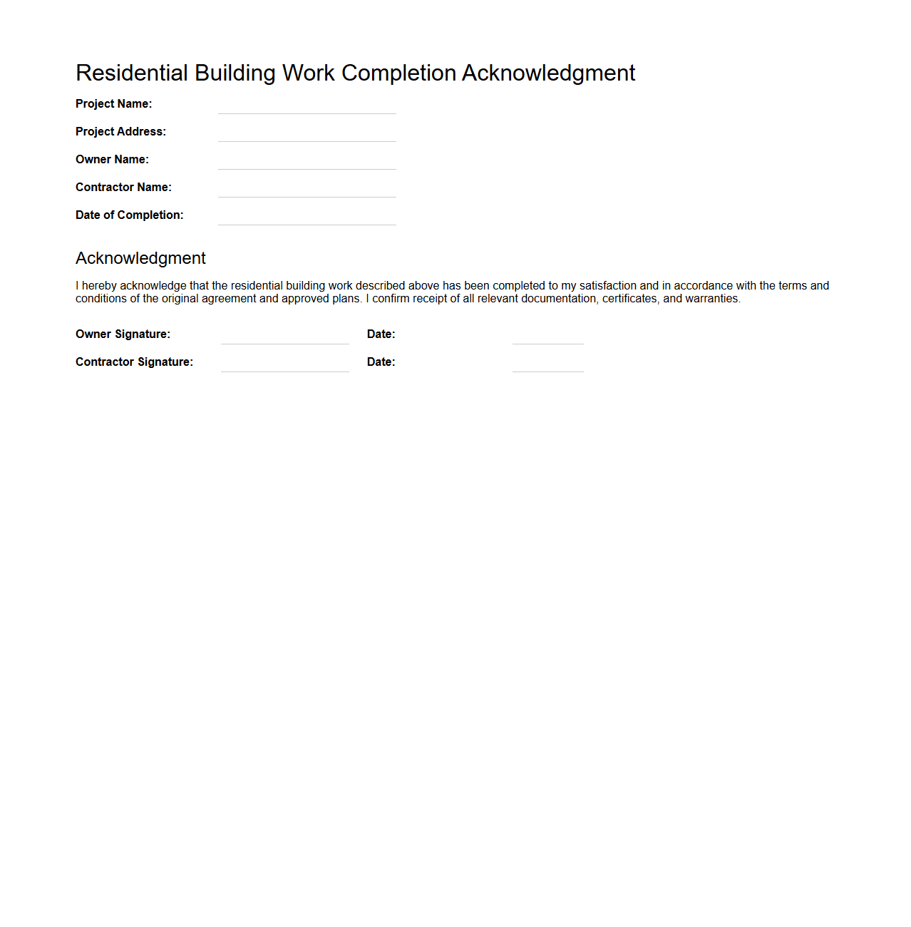 Residential Building Work Completion Acknowledgment