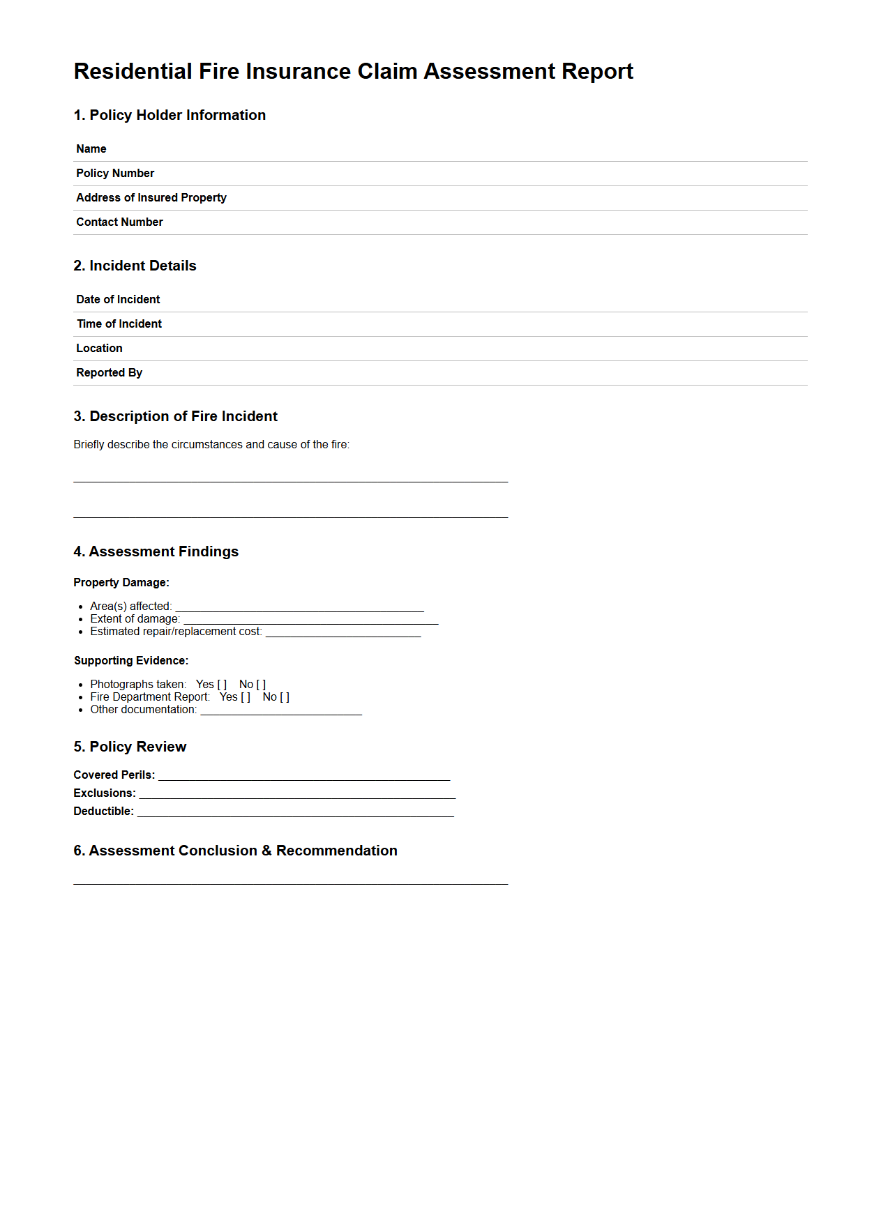 Residential Fire Insurance Claim Assessment Report Sample
