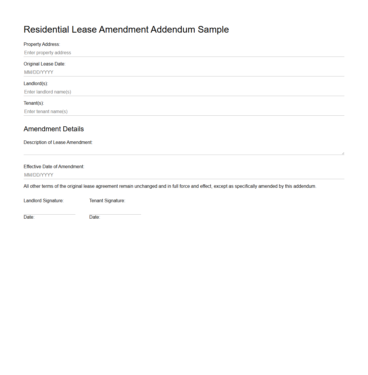 Residential Lease Amendment Addendum Sample