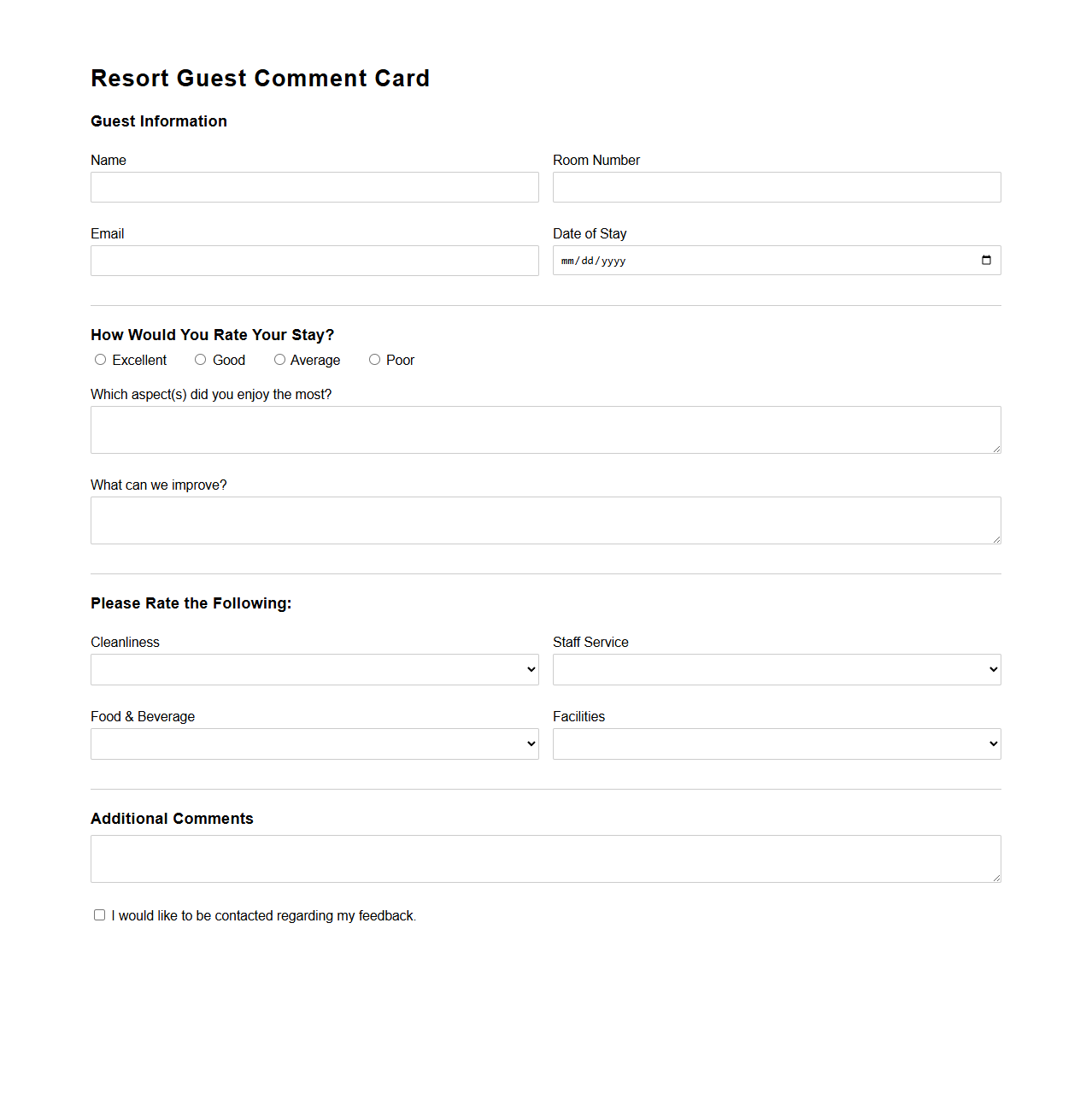 Resort Guest Comment Card Sample