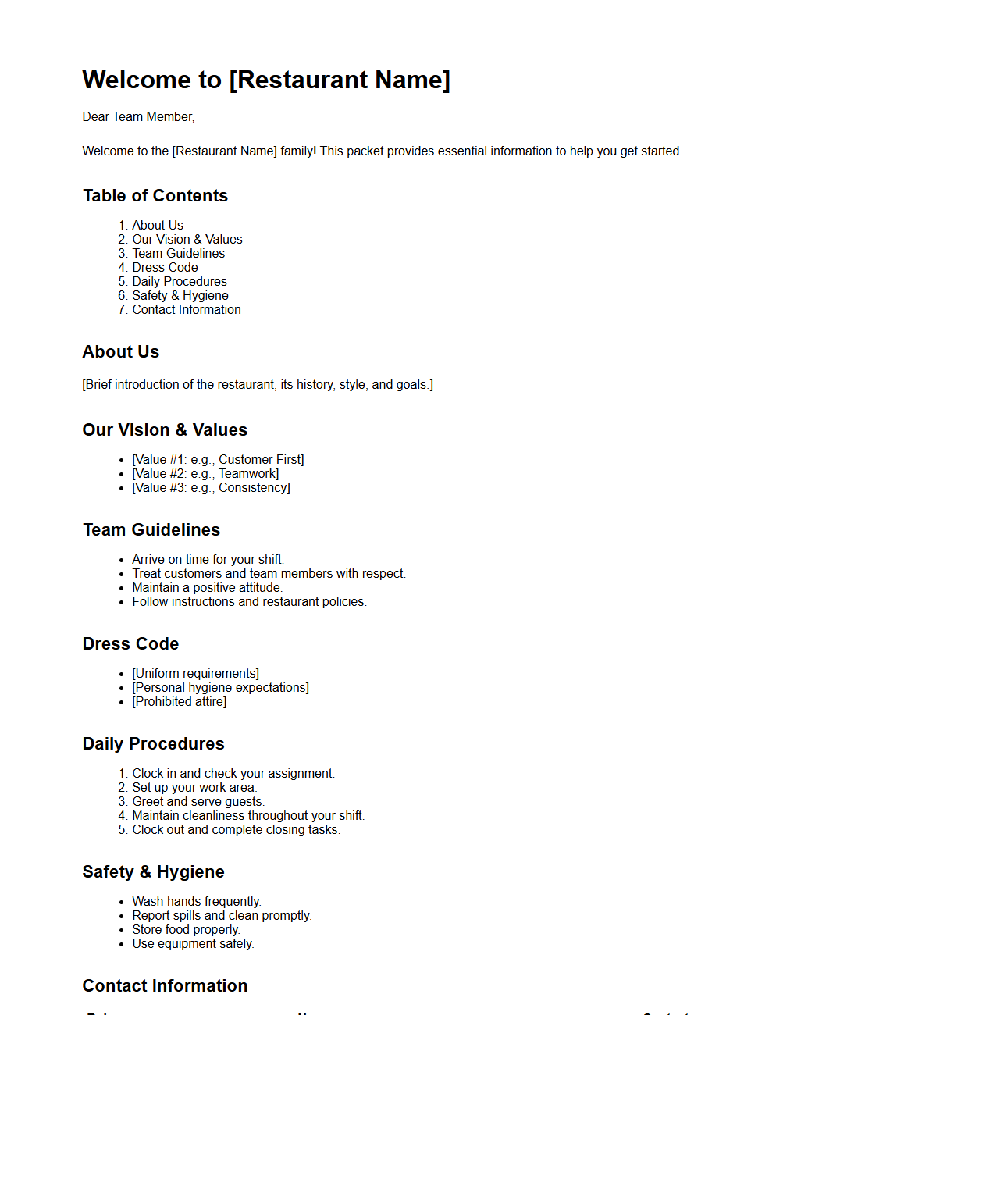 Restaurant Staff Welcome Packet Template