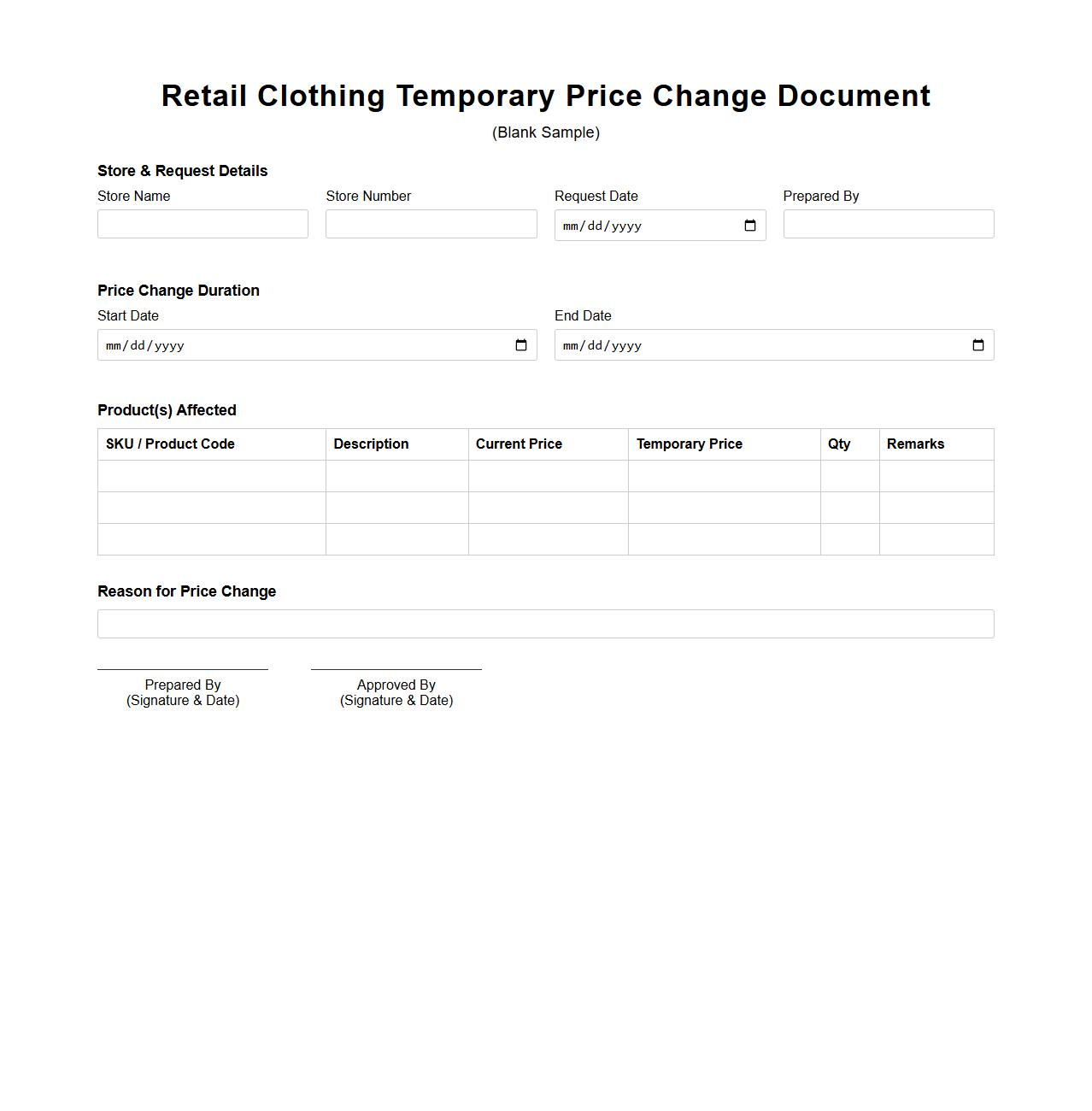 Retail Clothing Temporary Price Change Document