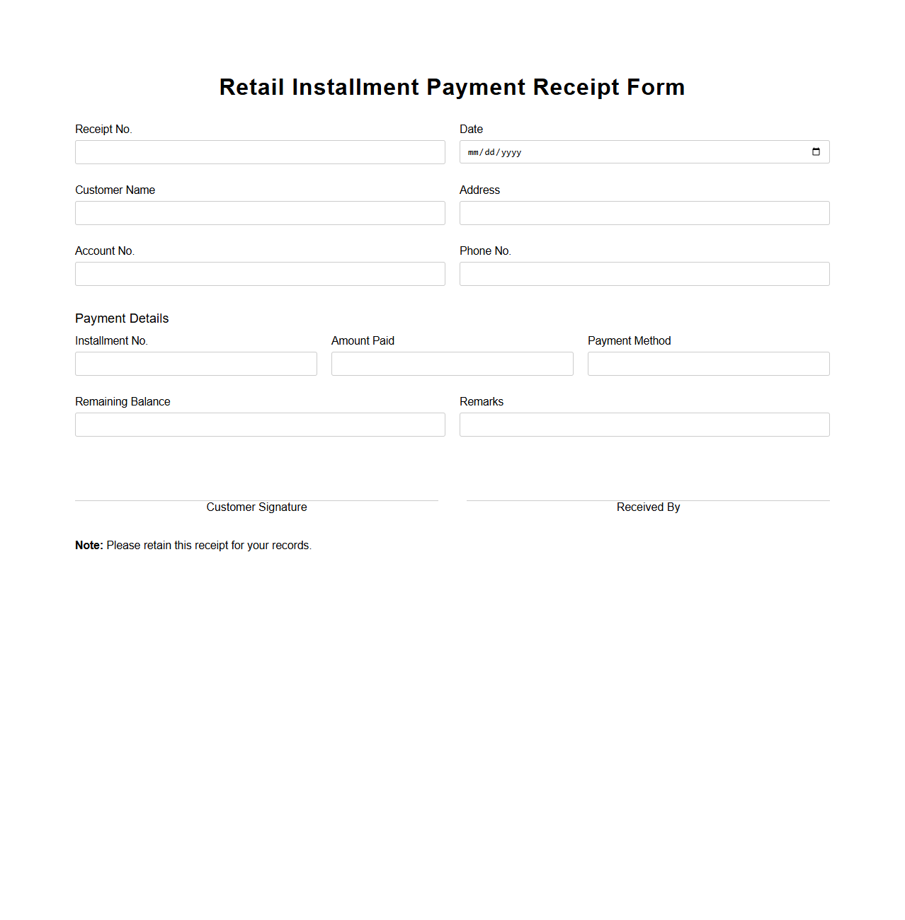 Retail Installment Payment Receipt Form