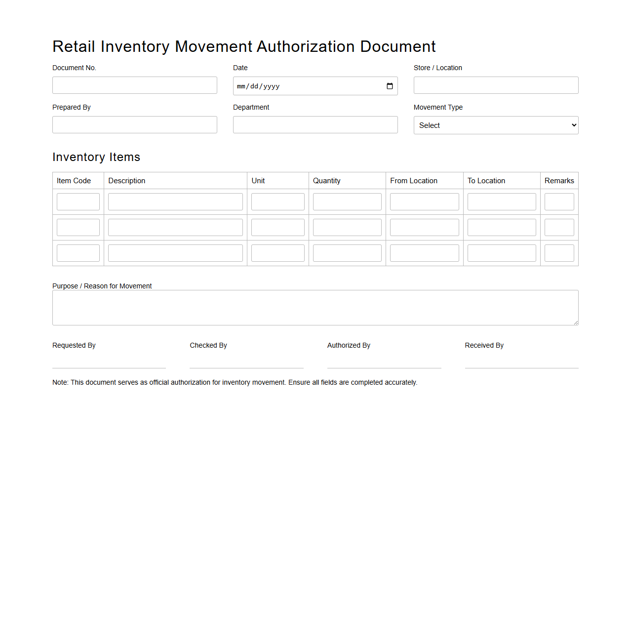 Retail Inventory Movement Authorization Document