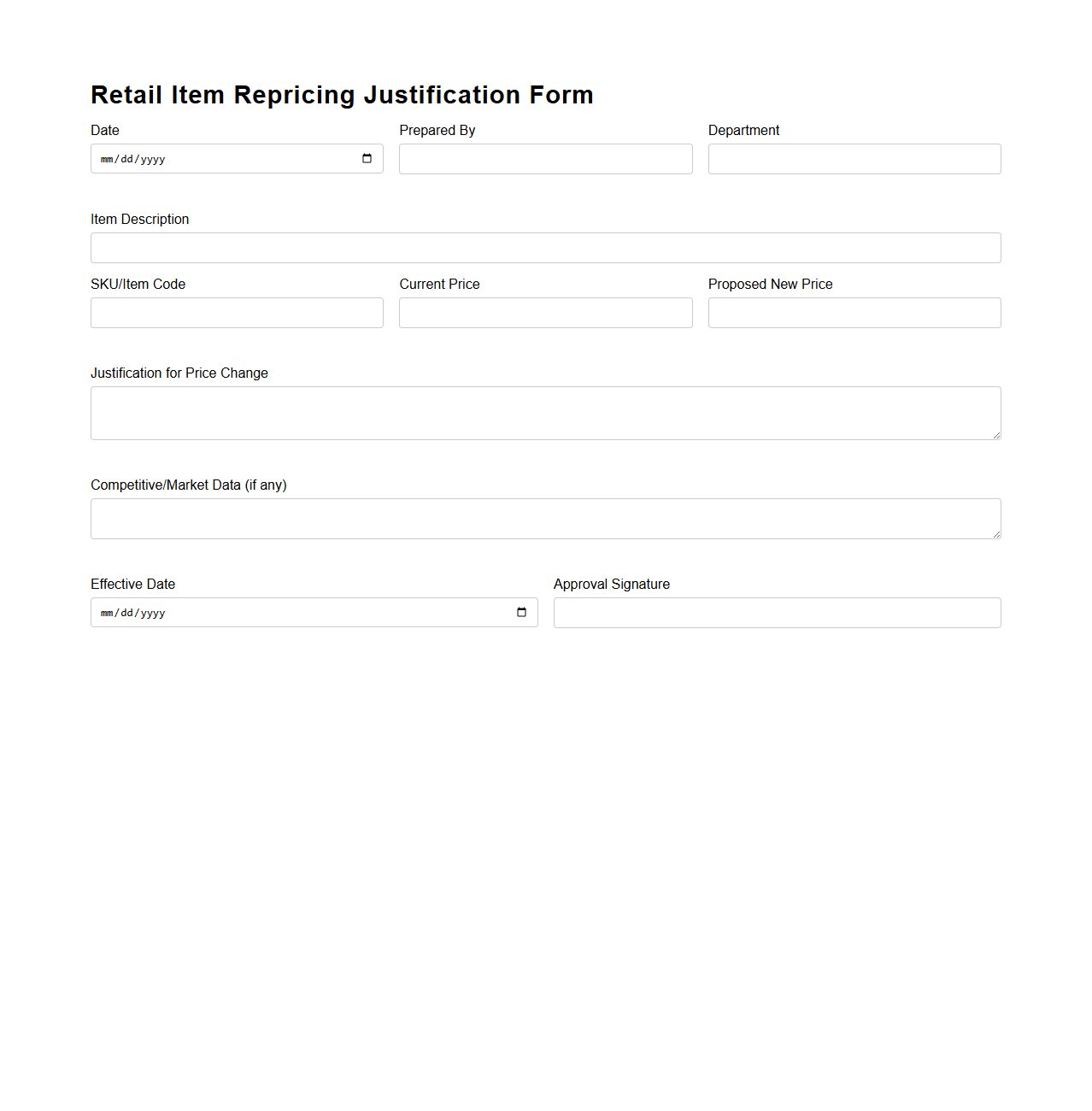 Retail Item Repricing Justification Form