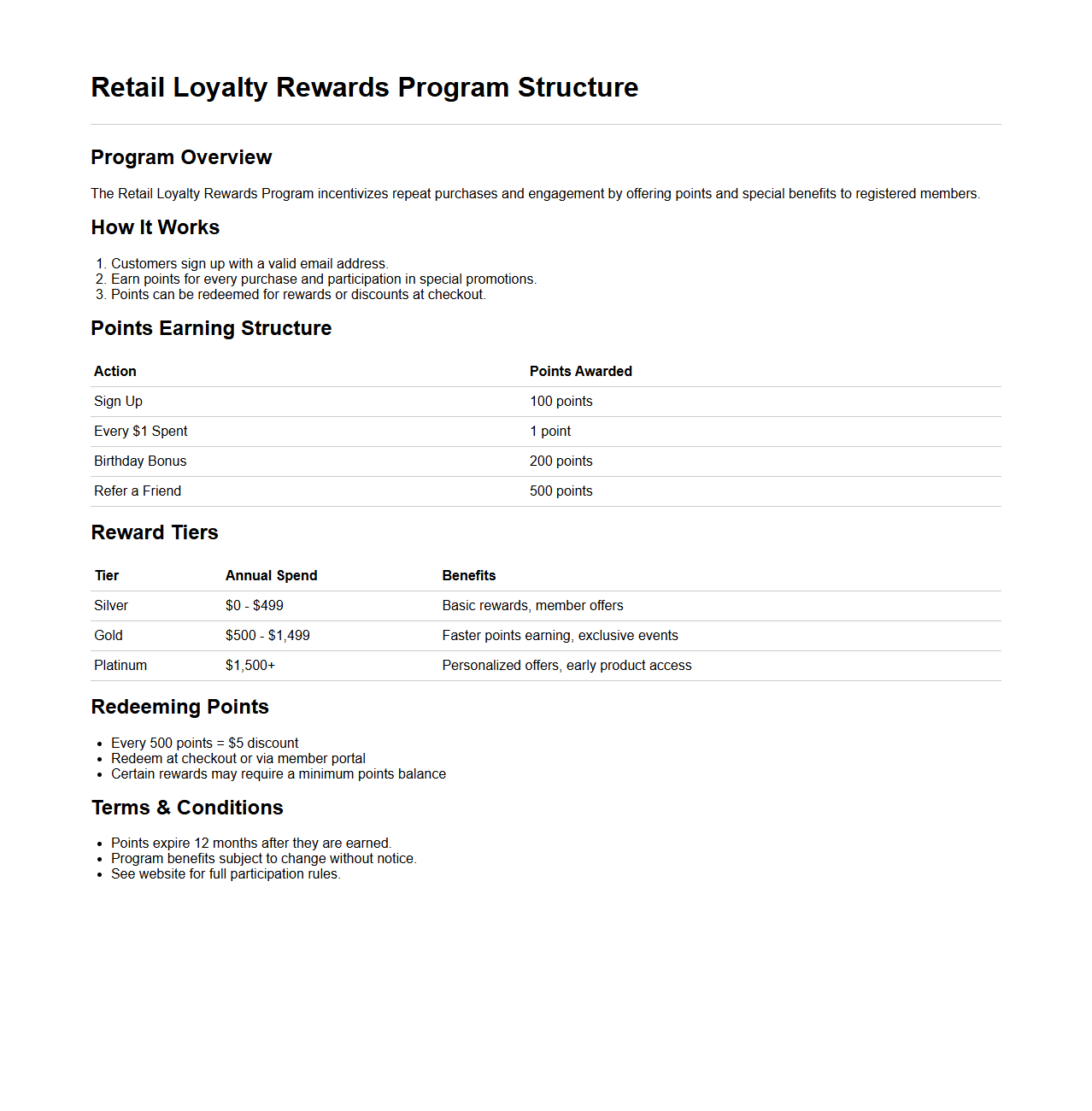 Retail Loyalty Rewards Program Structure Sample