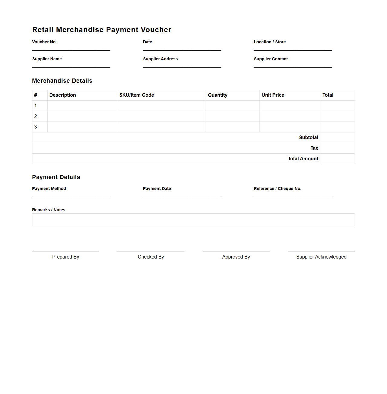 Retail Merchandise Payment Voucher Format
