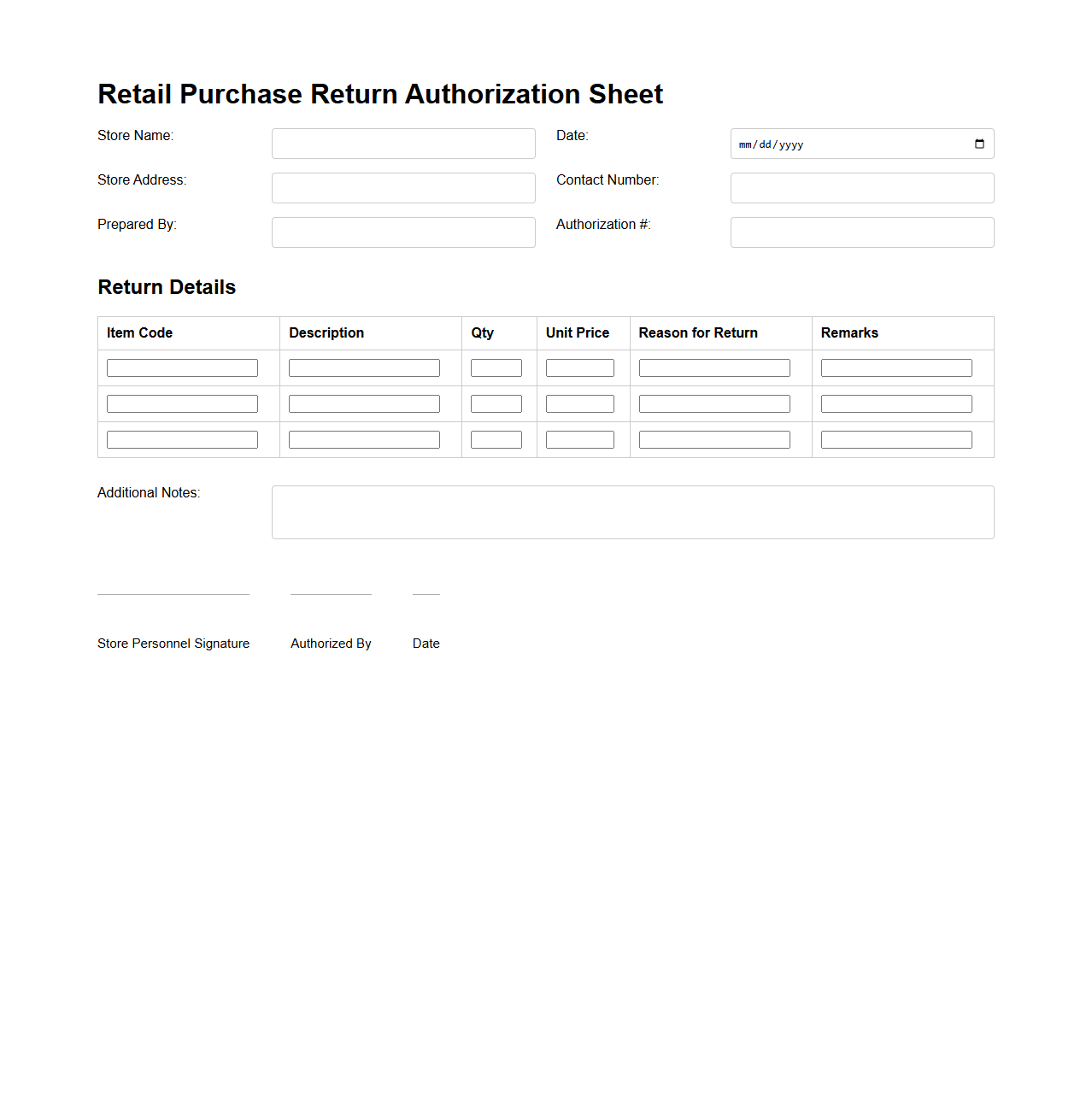 Retail Purchase Return Authorization Sheet