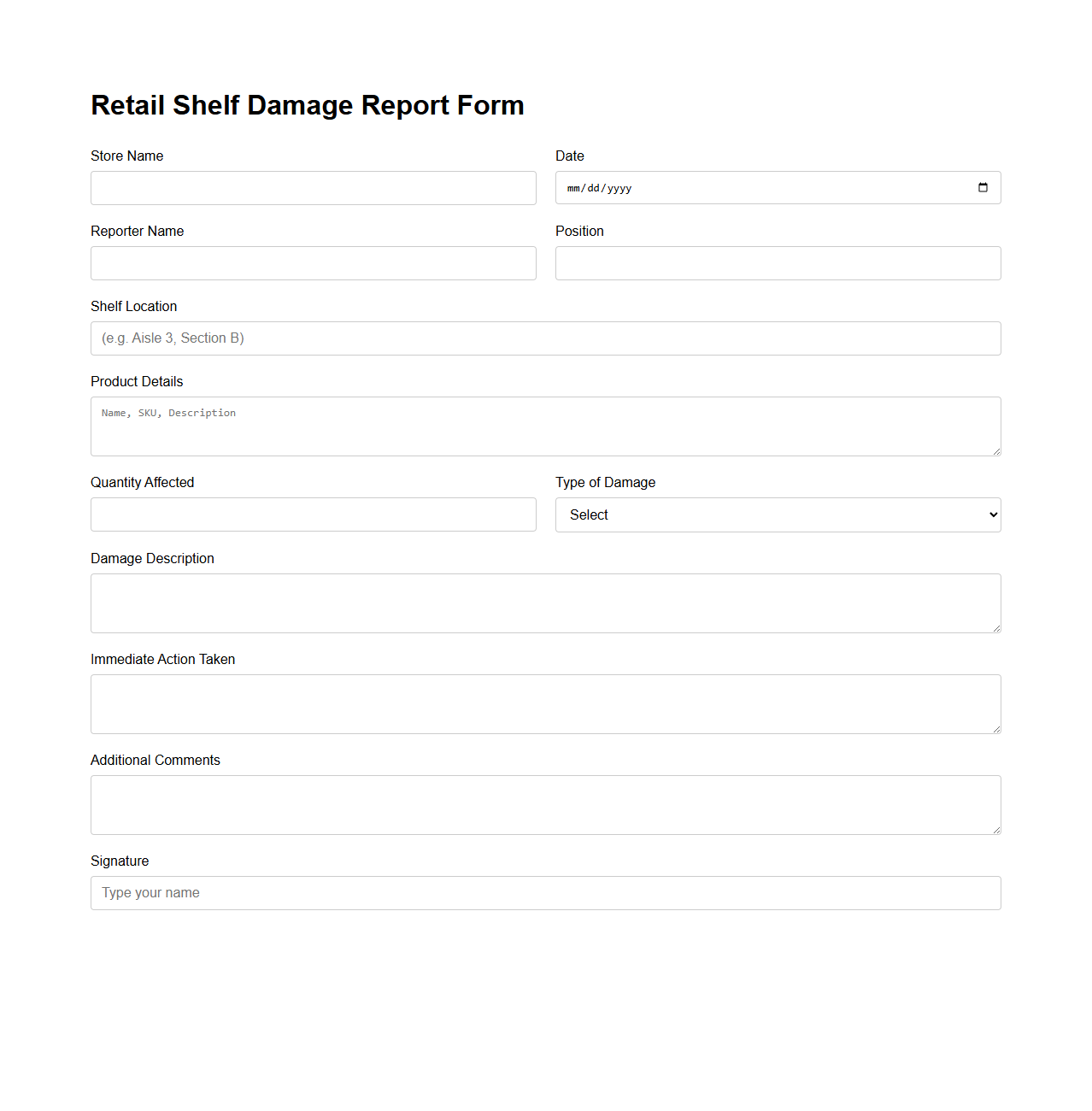 Retail Shelf Damage Report Form Sample