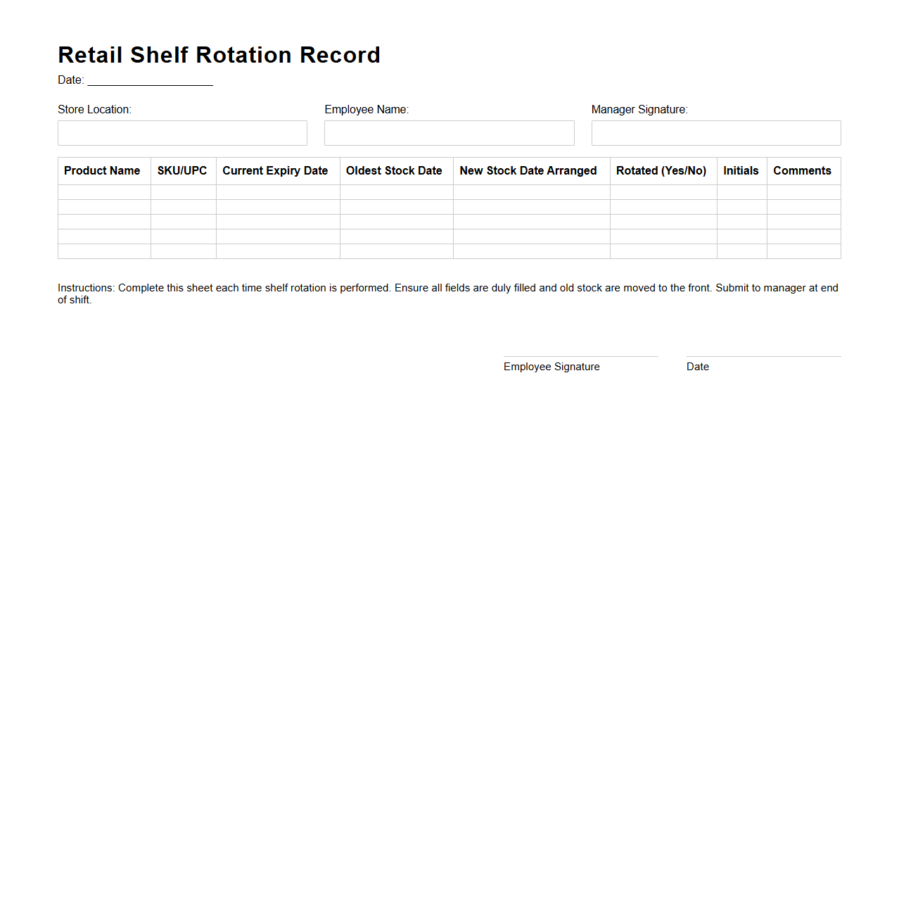 Retail Shelf Rotation Record Template