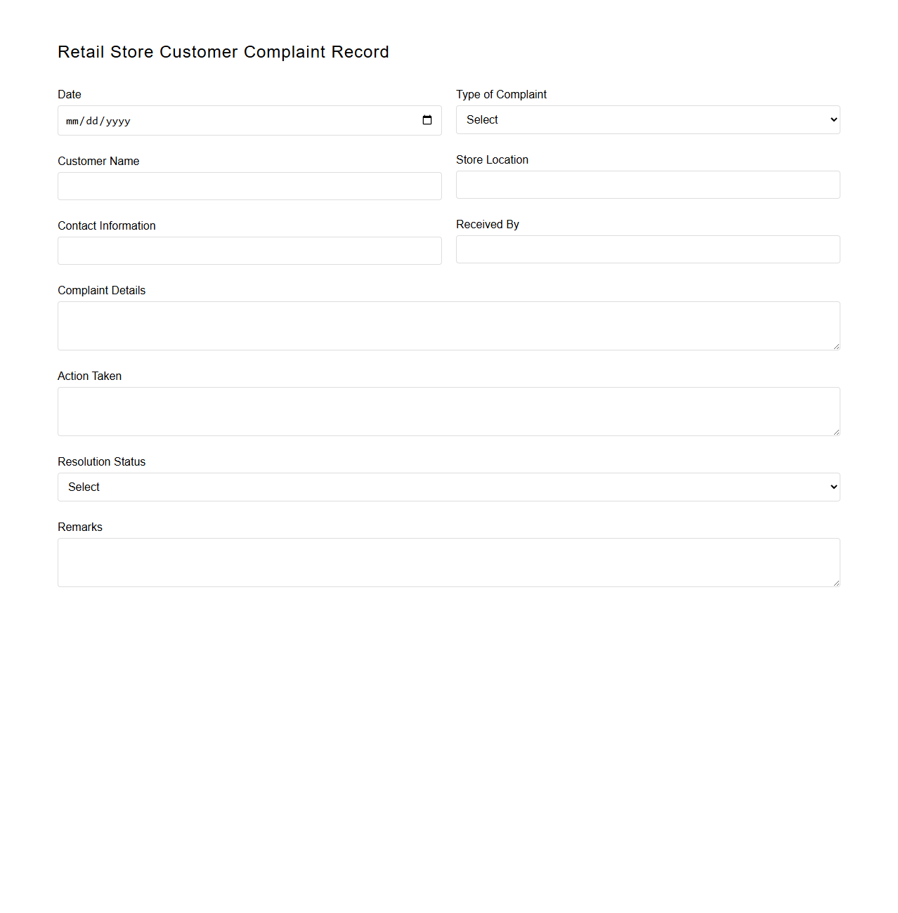 Retail Store Customer Complaint Record Template