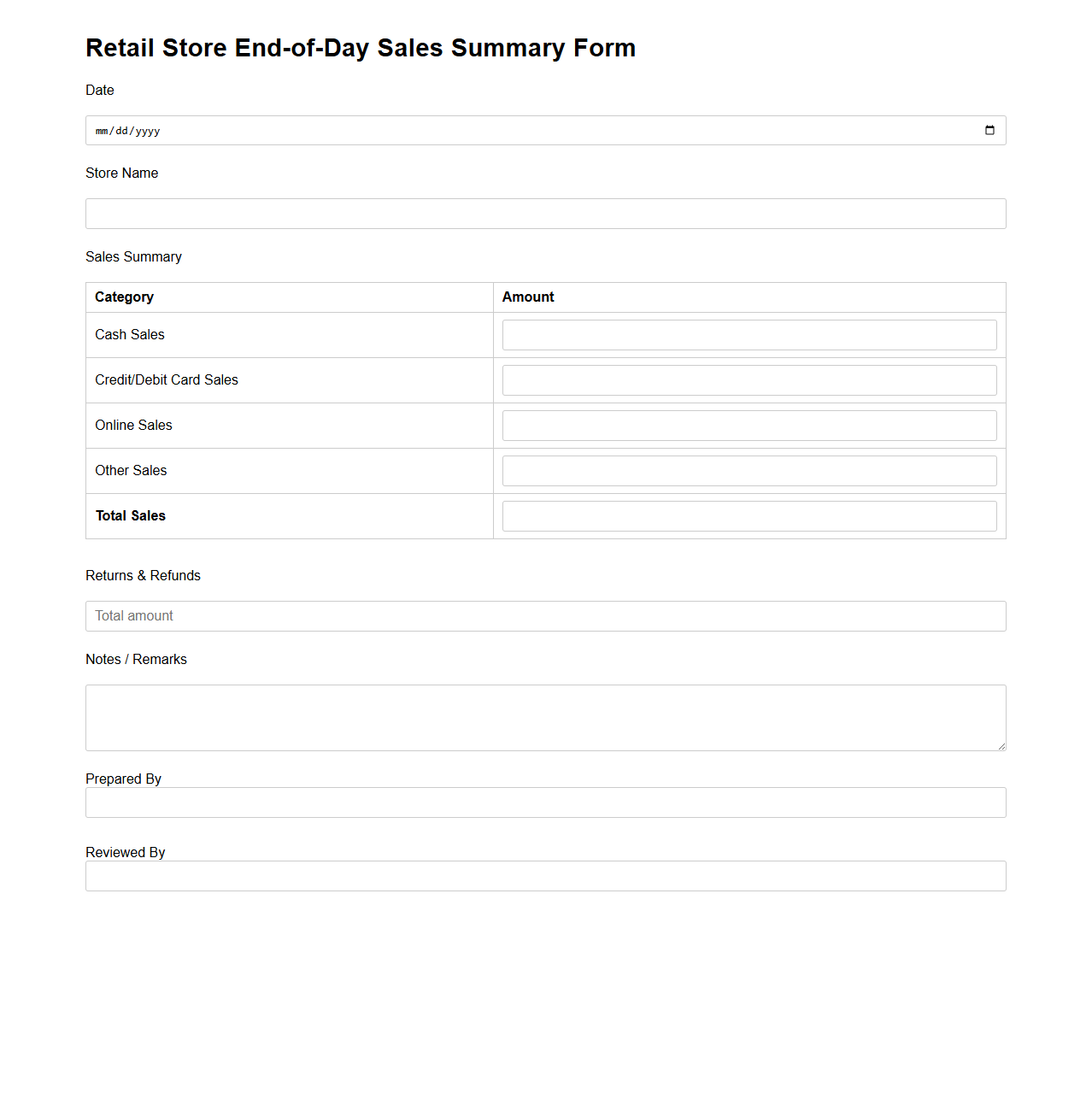 Retail Store End-of-Day Sales Summary Form