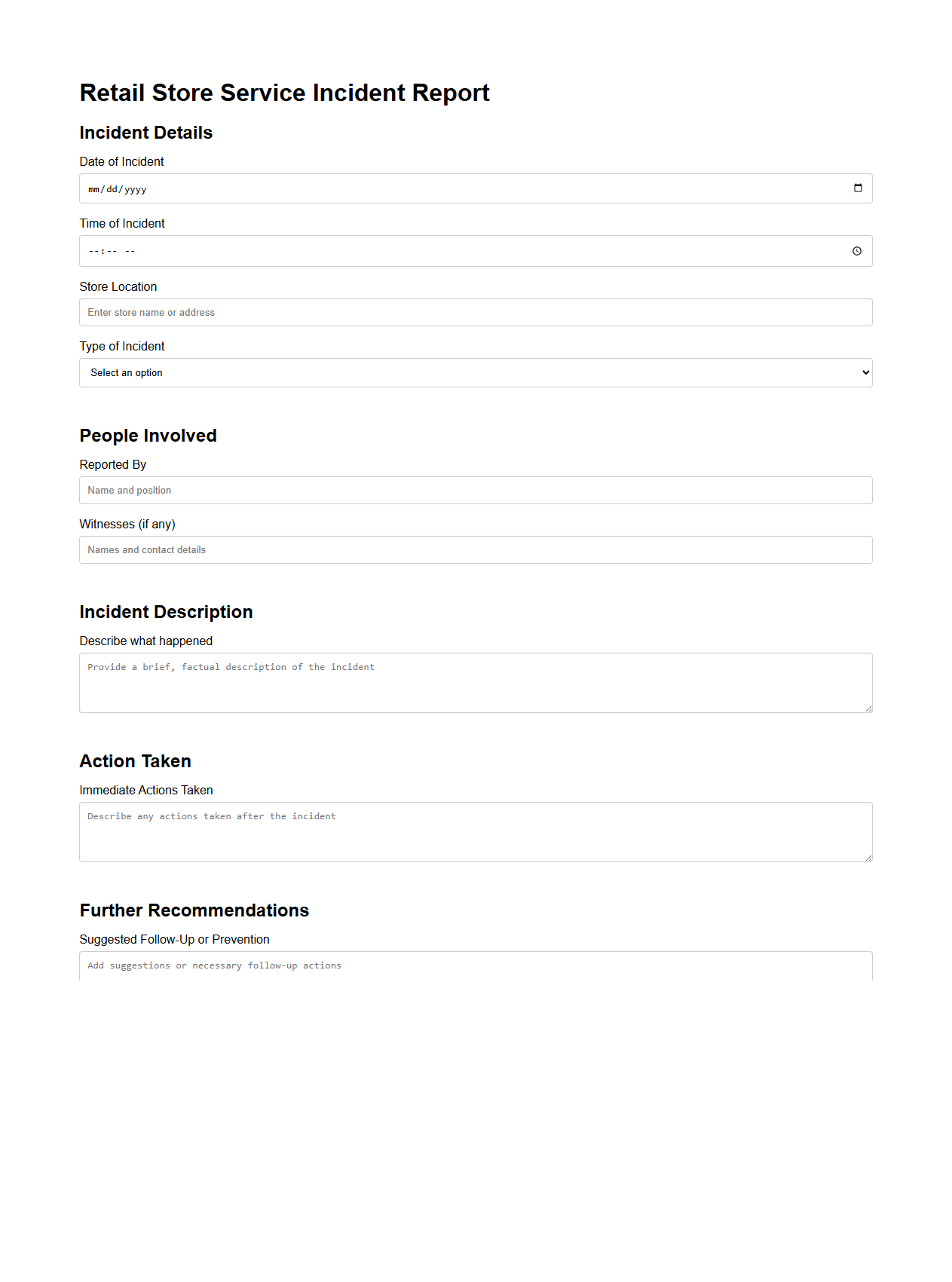 Retail Store Service Incident Report Template