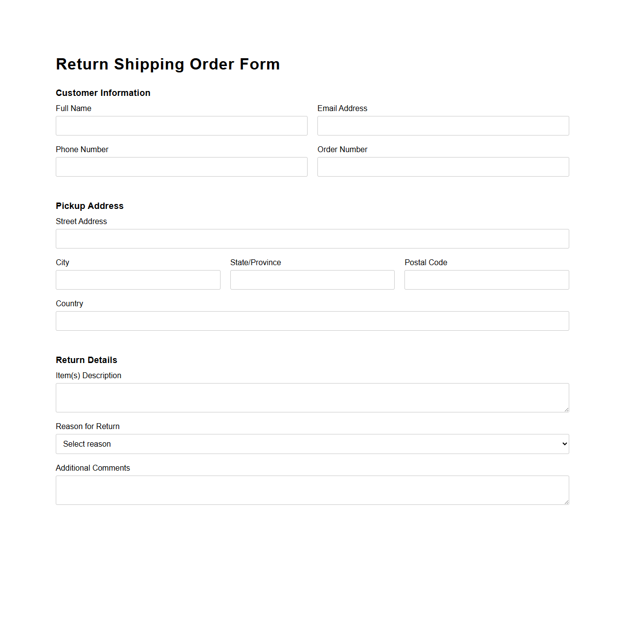 Return Shipping Order Form Sample for Reverse Logistics