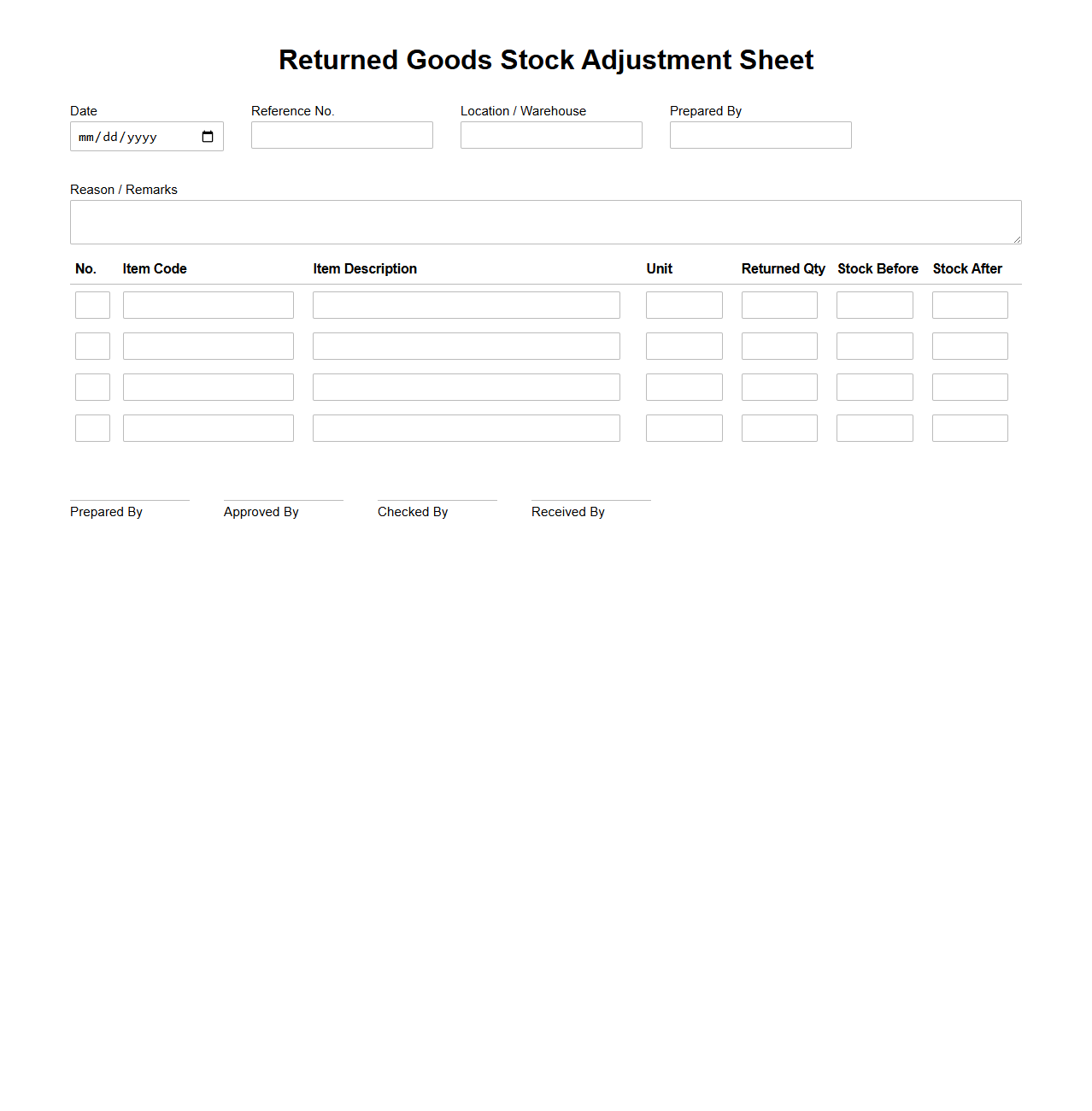 Returned Goods Stock Adjustment Sheet