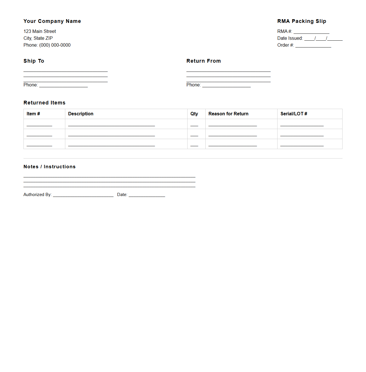 RMA Packing Slip Example