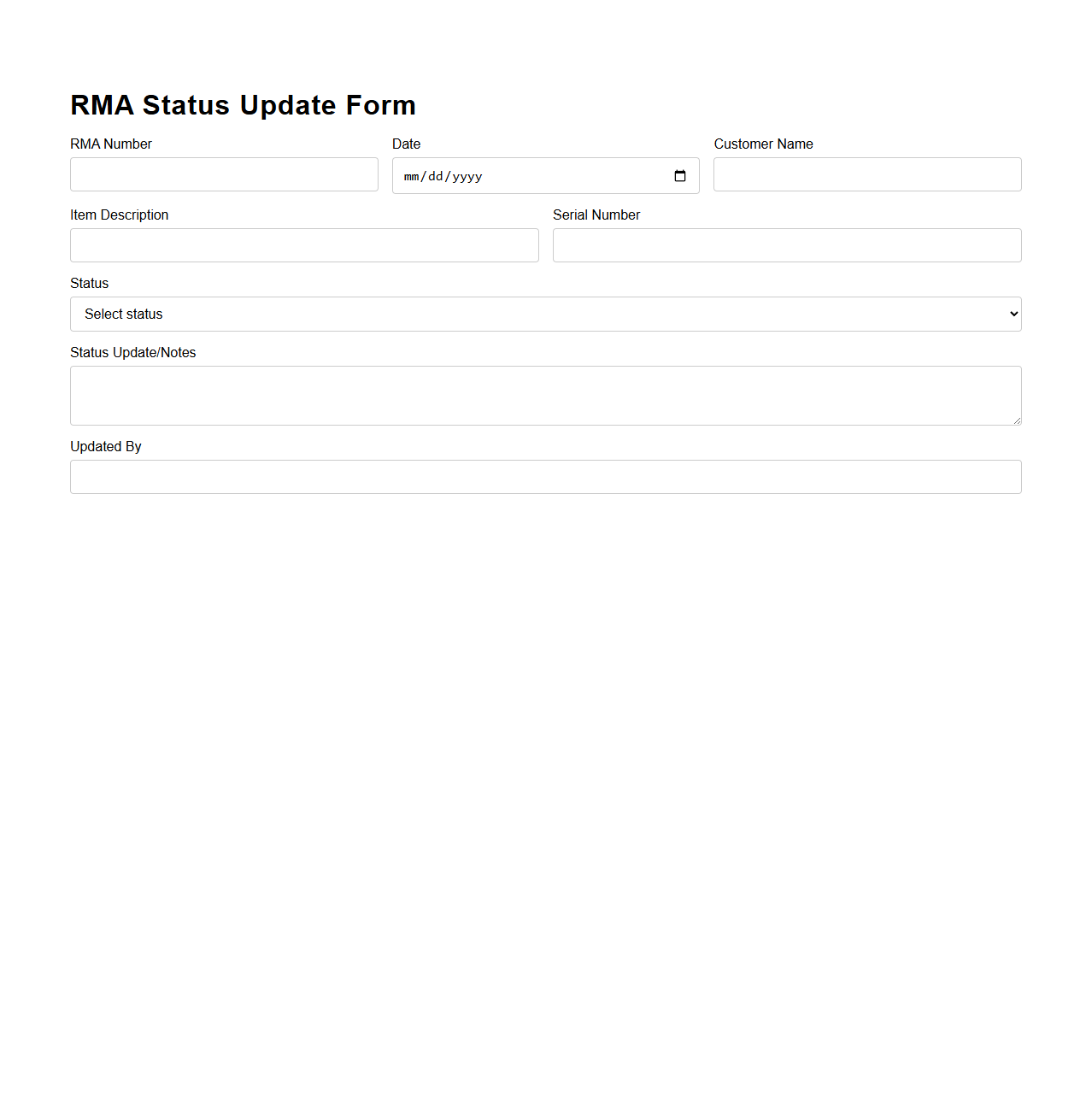 RMA Status Update Form Example