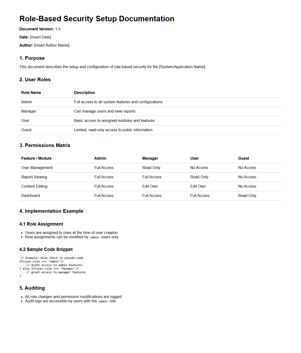 Role-Based Security Setup Documentation Example