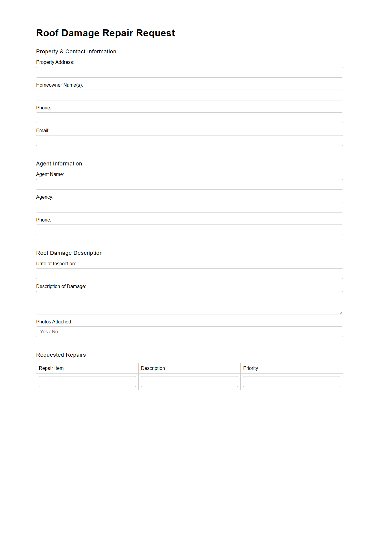 Roof Damage Repair Request Document for Residential Sales