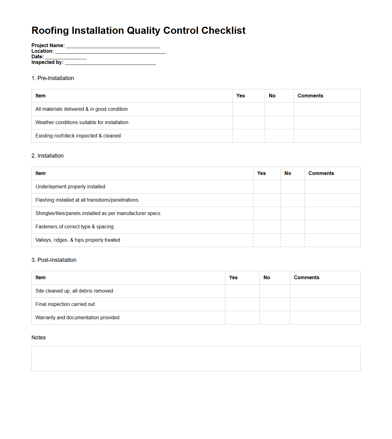 Roofing Installation Quality Control Checklist