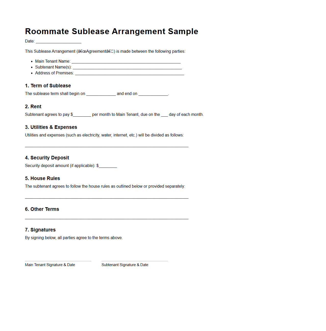 Roommate Sublease Arrangement Sample