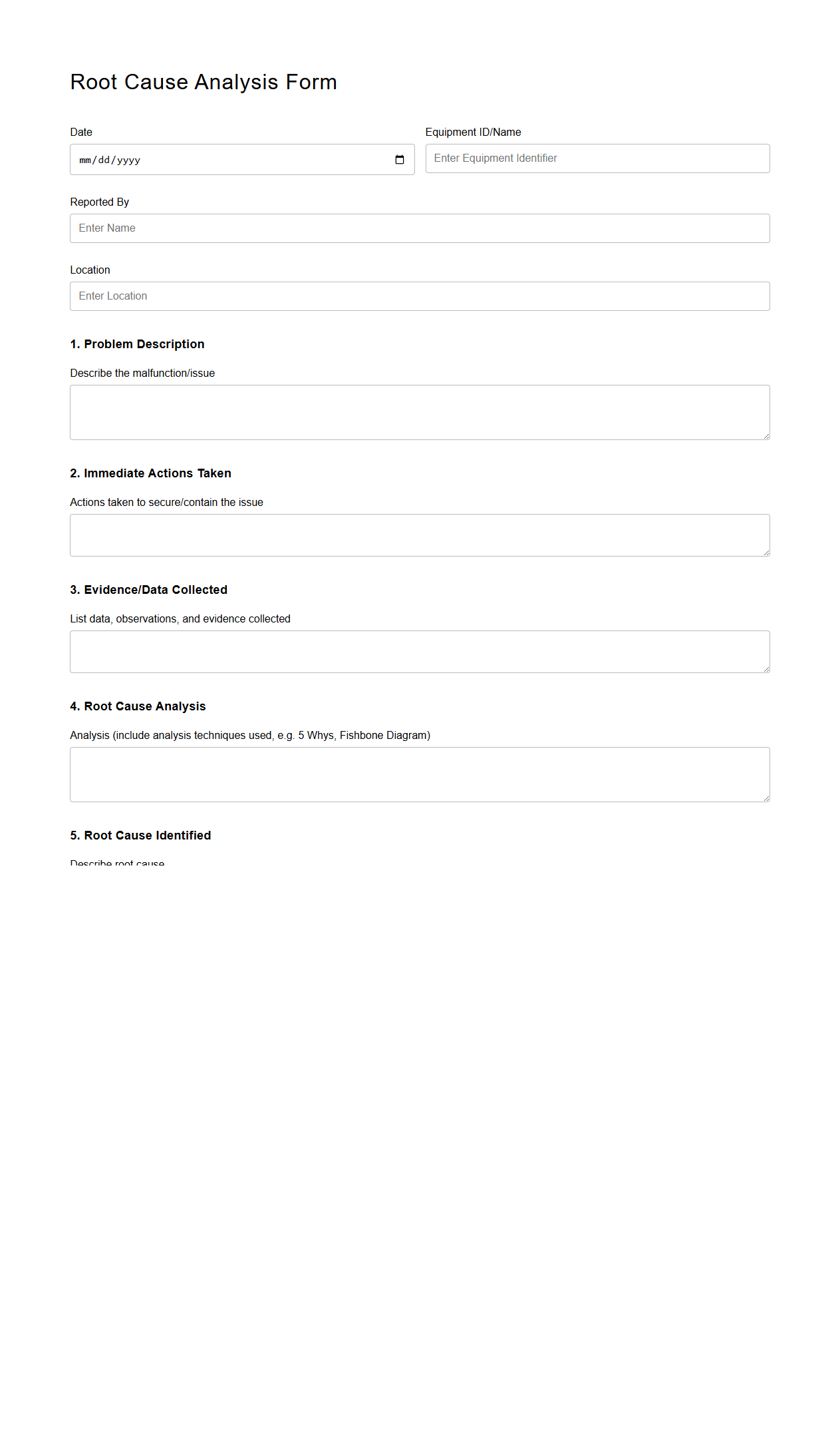 Root Cause Analysis Form for Equipment Malfunction in Manufacturing