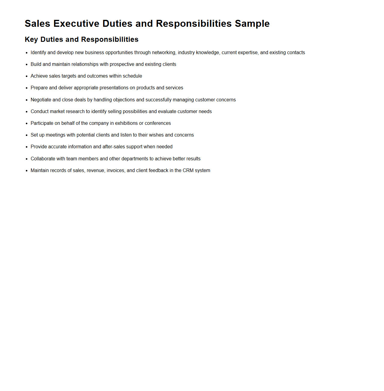 Sales Executive Duties and Responsibilities Sample