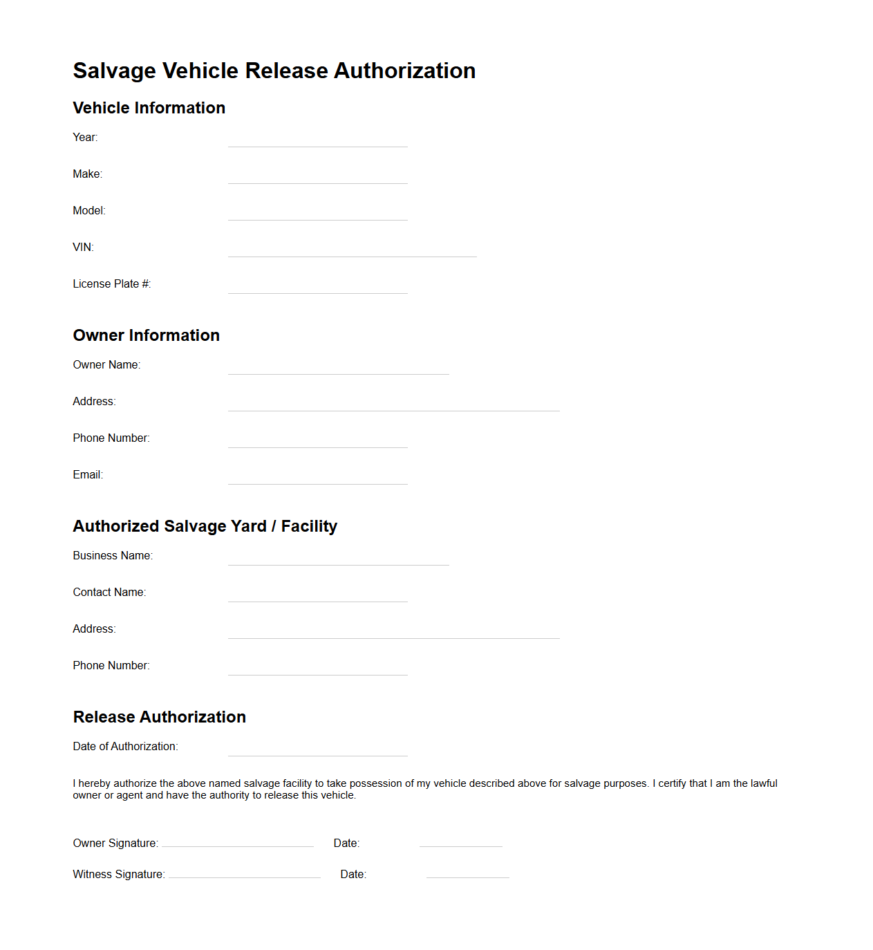 Salvage Vehicle Release Authorization Template