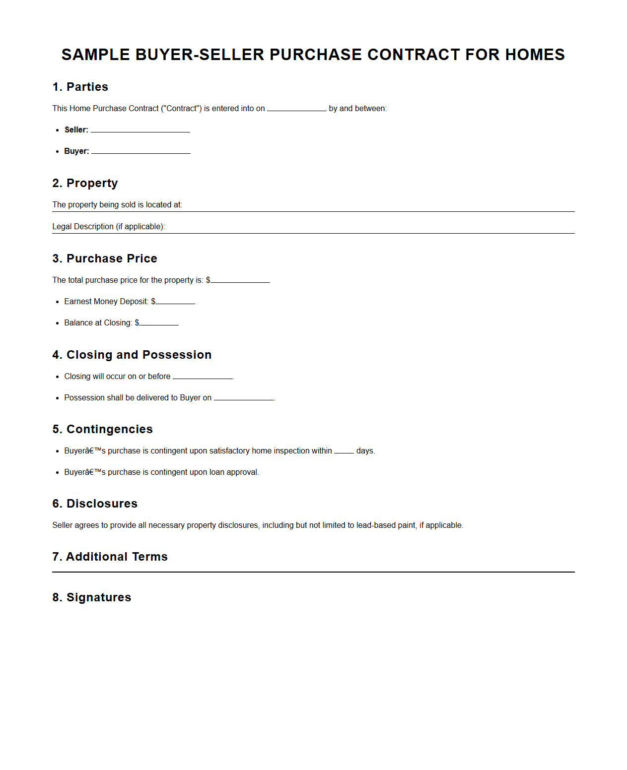 Sample Buyer-Seller Purchase Contract for Homes