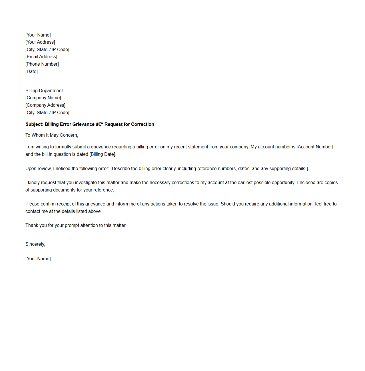 Sample Letter for Billing Error Grievance Submission