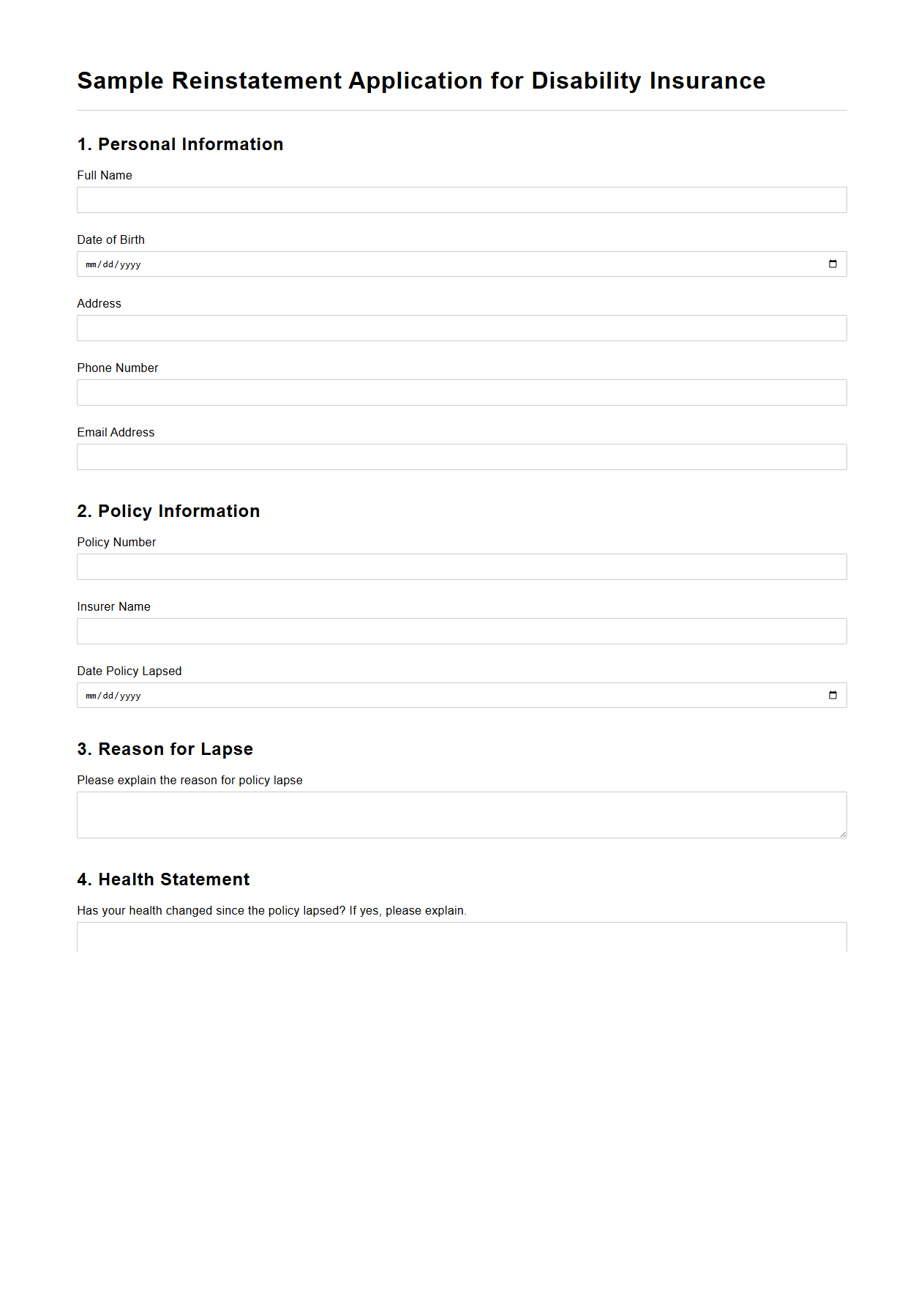 Sample Reinstatement Application for Disability Insurance