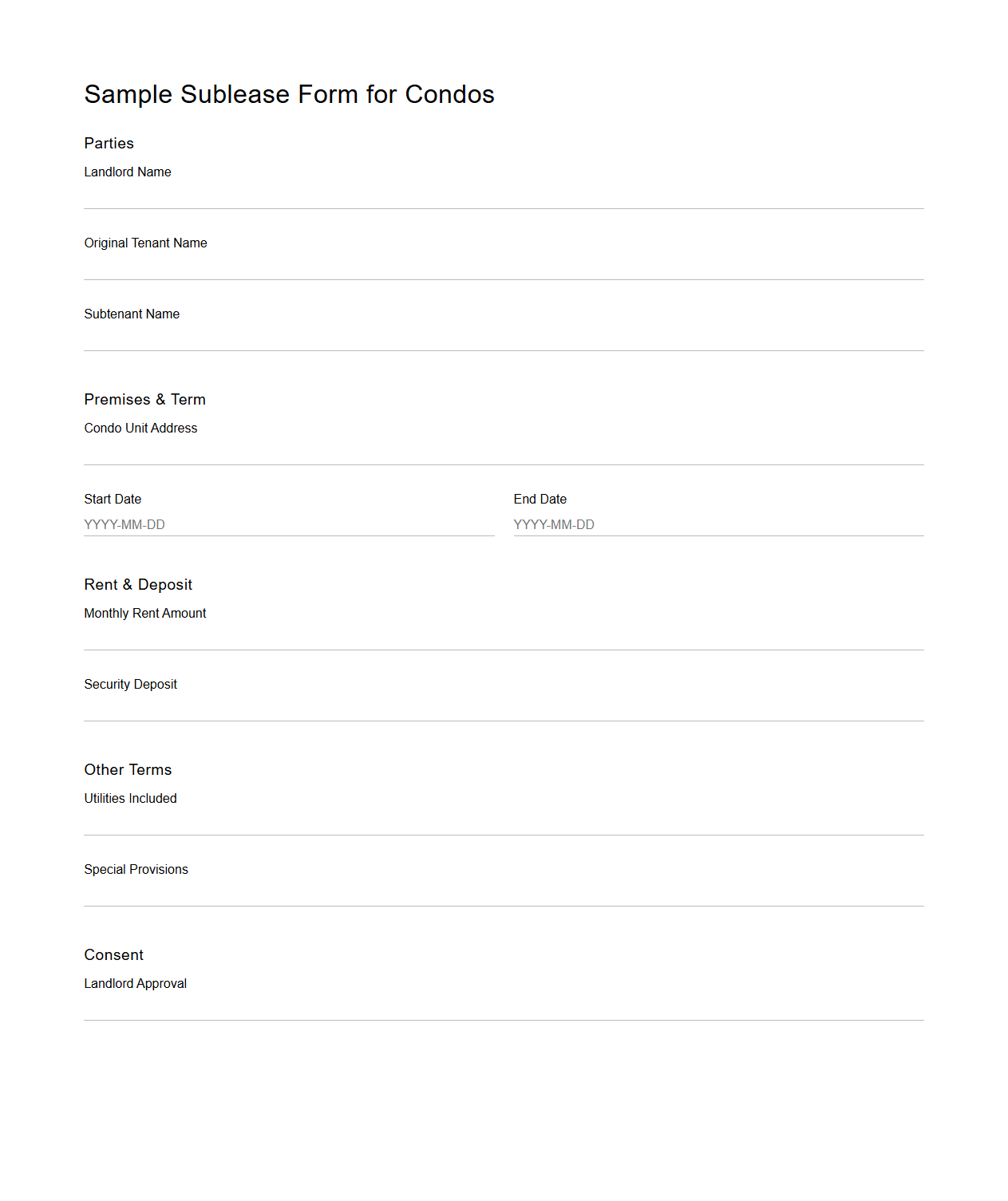 Sample Sublease Form for Condos