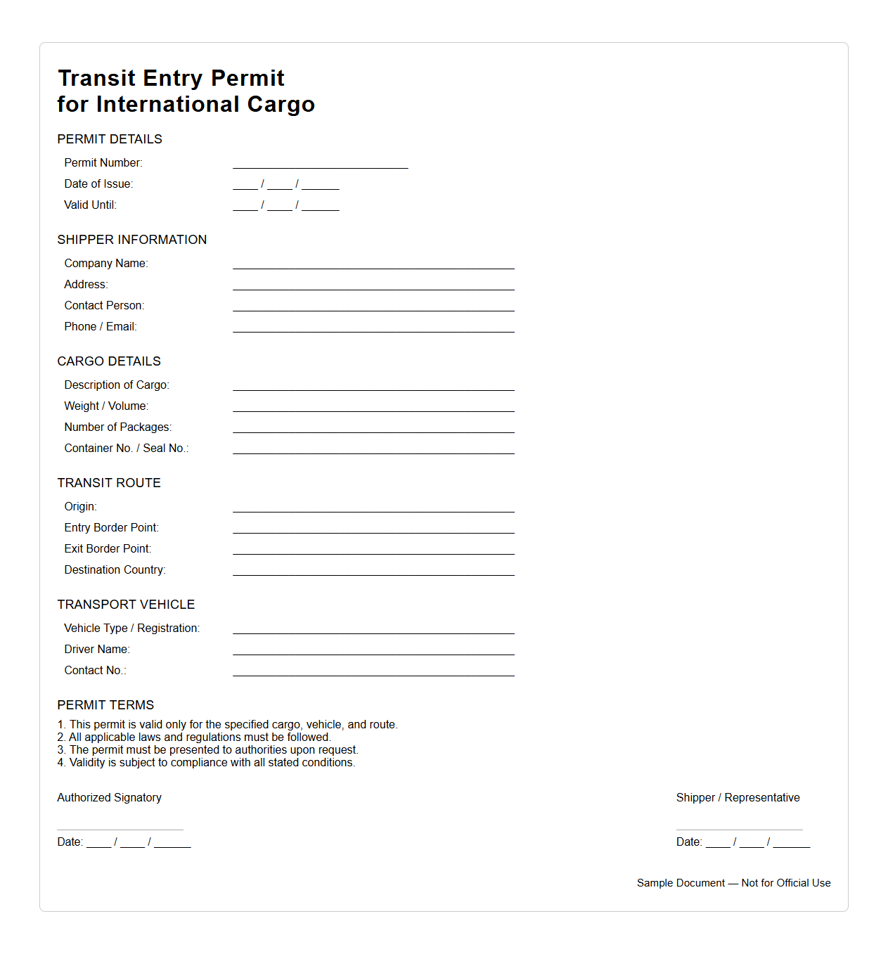 Sample Transit Entry Permit for International Cargo