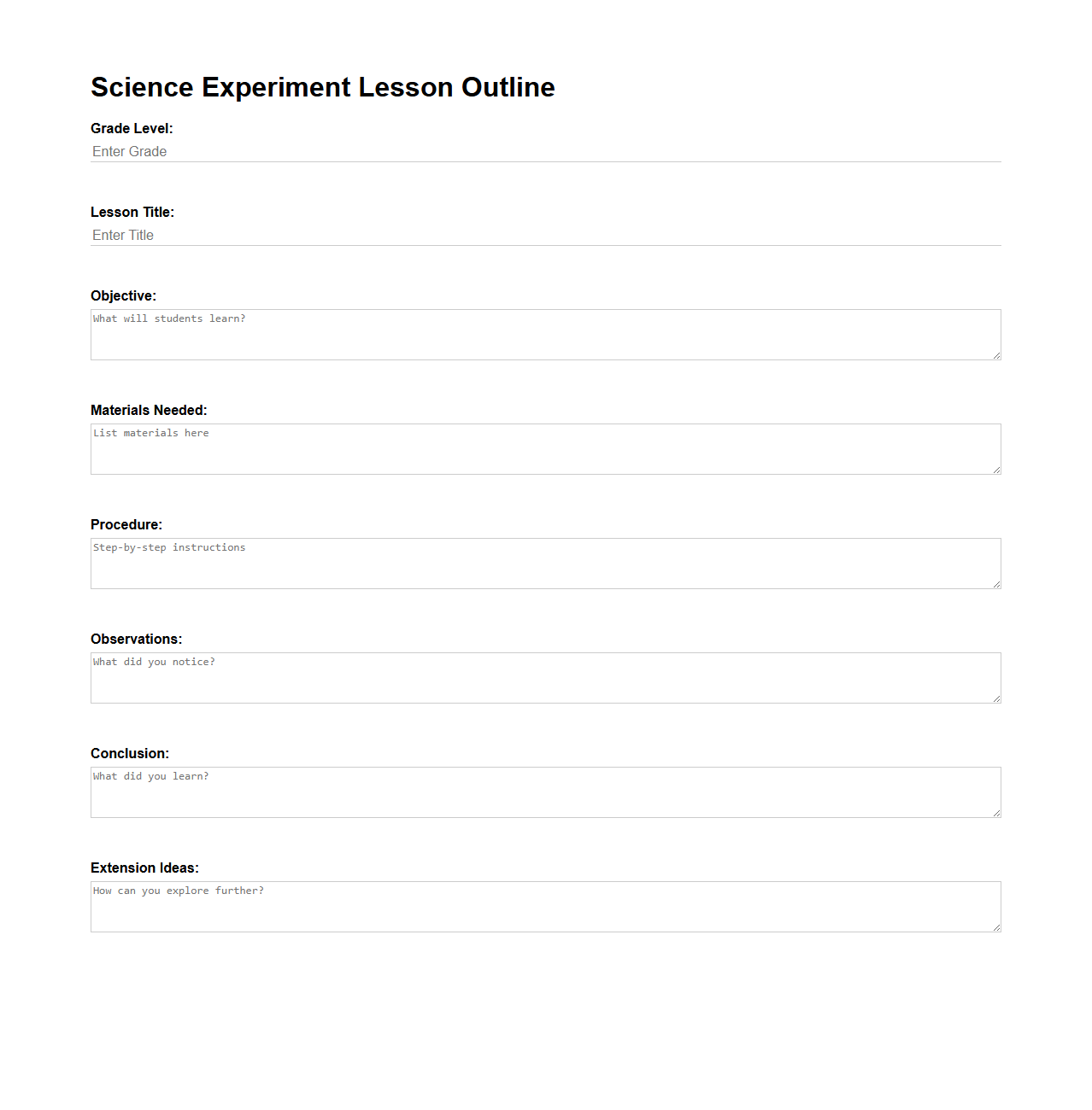 Science Experiment Lesson Outline for Elementary Students