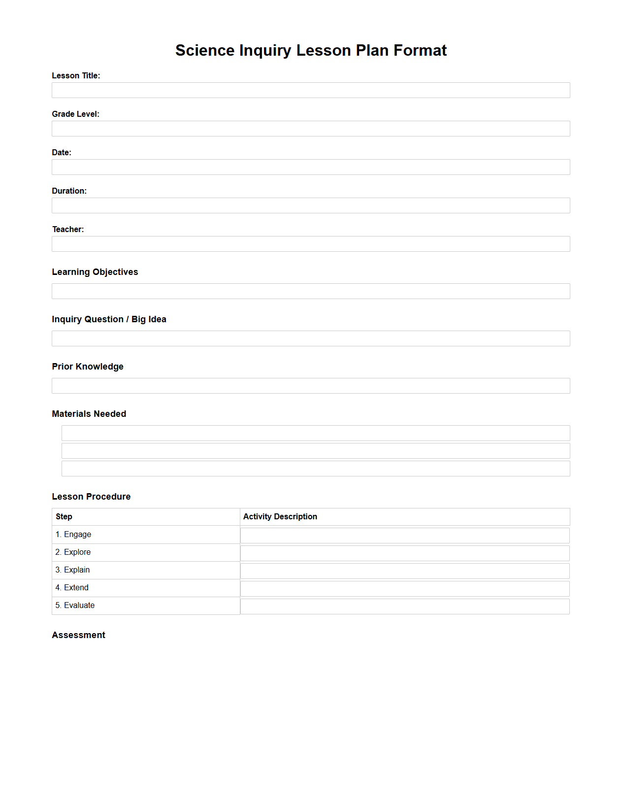 Science Inquiry Lesson Plan Format for Primary School