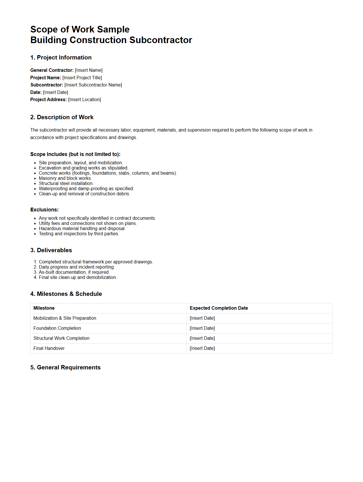 Scope of Work Sample for Building Construction Subcontractor