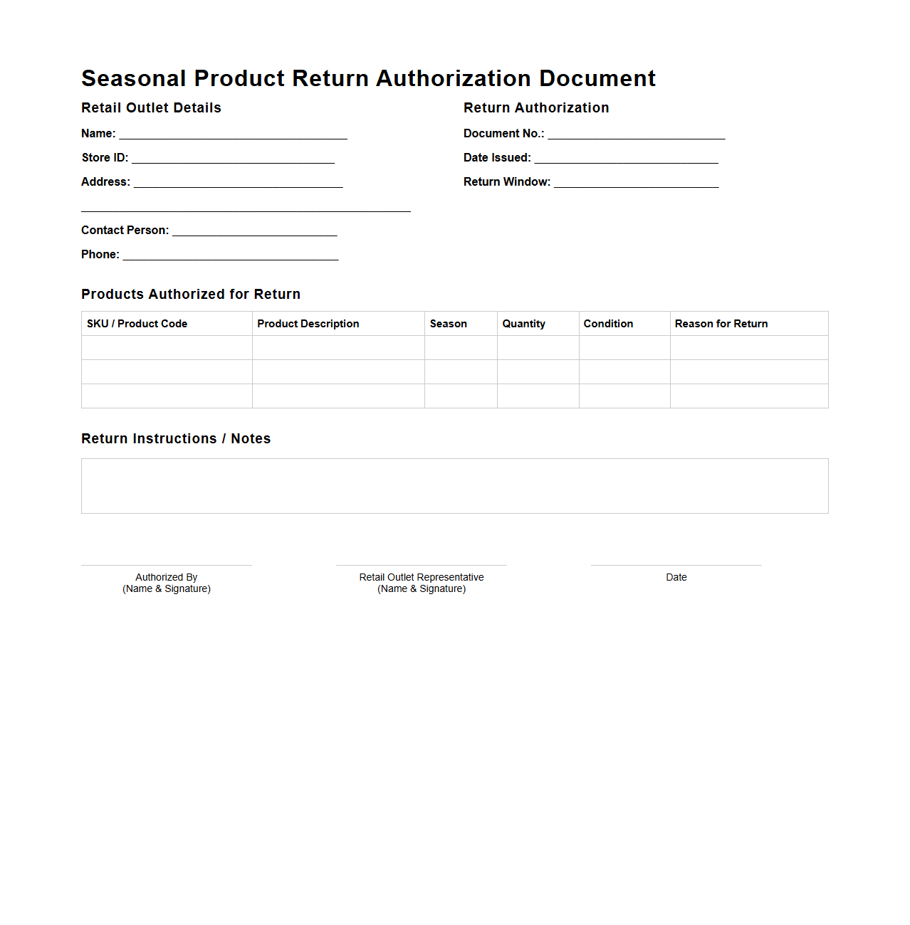 Seasonal Product Return Authorization Document for Retail Outlet