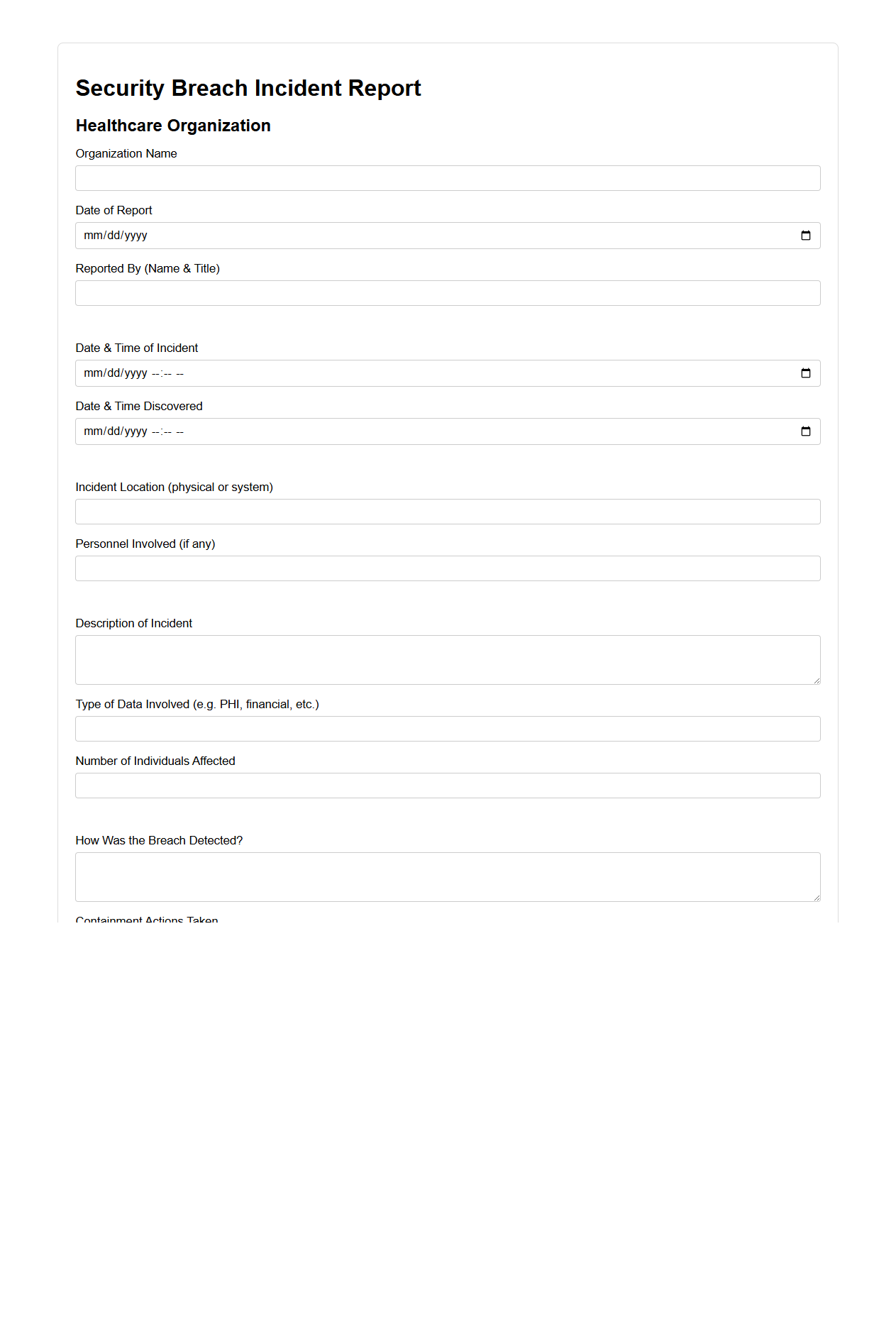 Security Breach Incident Report for Healthcare