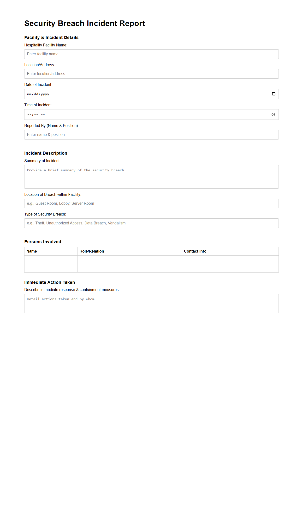 Security Breach Incident Report Template for Hospitality Facilities